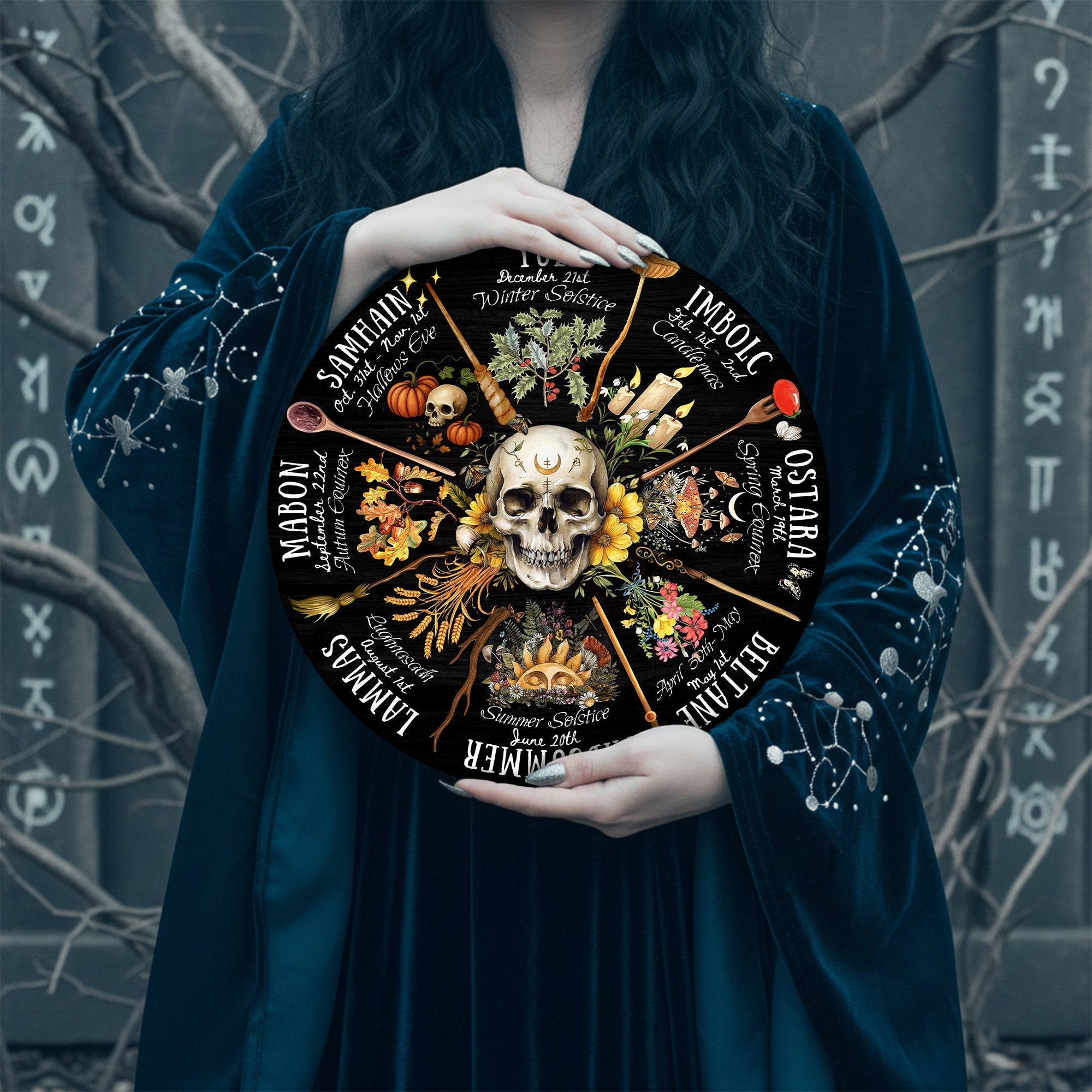 Skull Dark Seasonal Wheel of the Year Wooden Gothic Decor