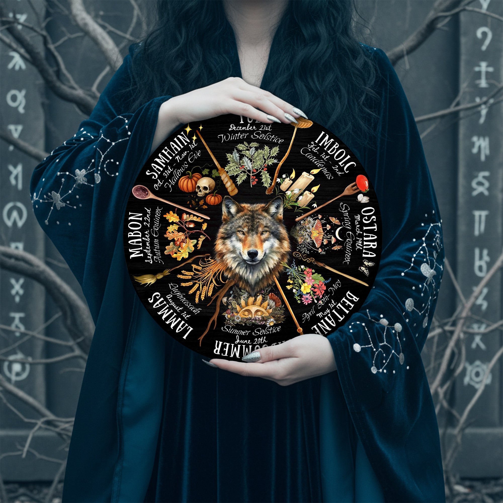 Wolf Dark Seasonal Wheel of the Year Wooden Pagan Art
