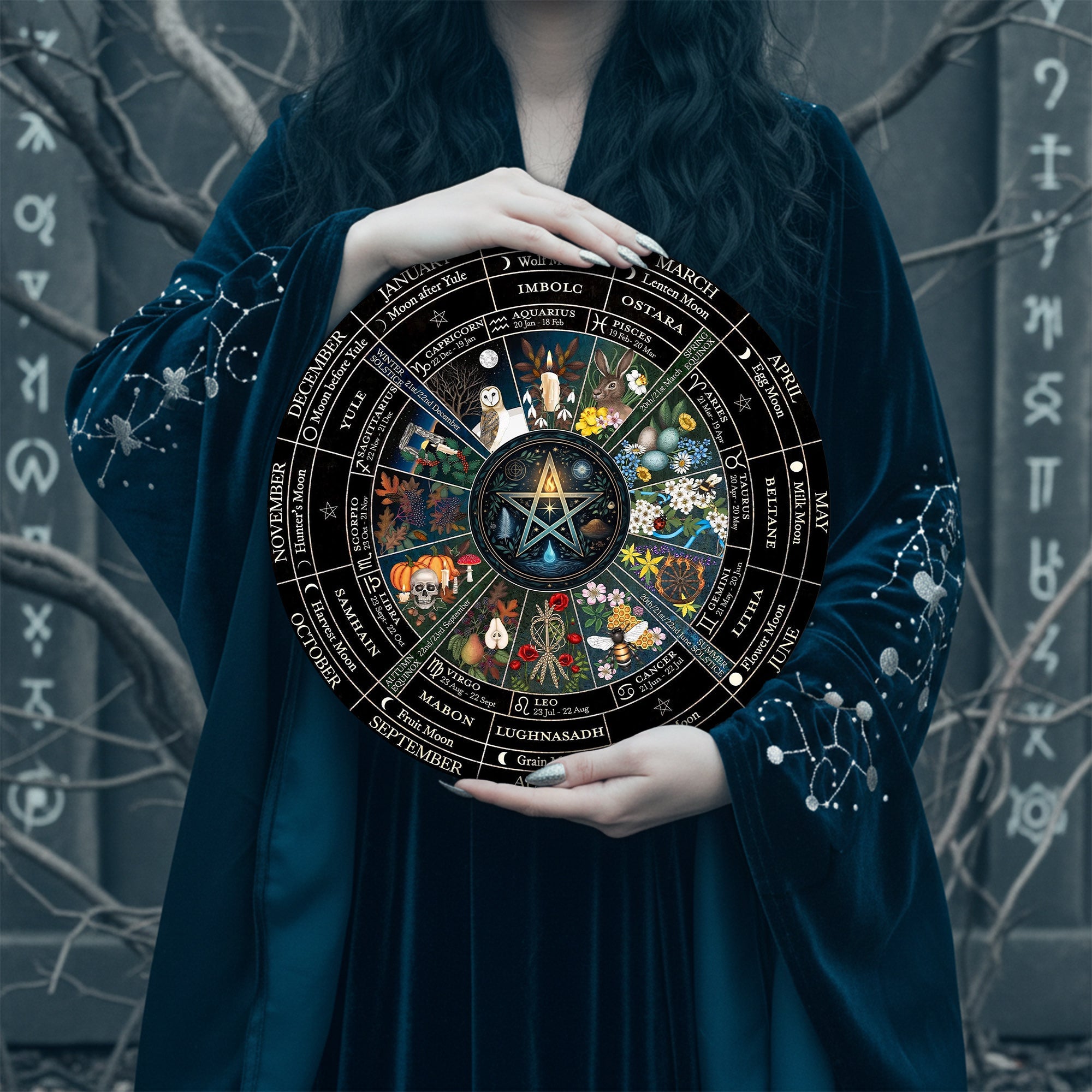 Pentagram Seasonal Wheel of the Year Wooden Wiccan Wall Art
