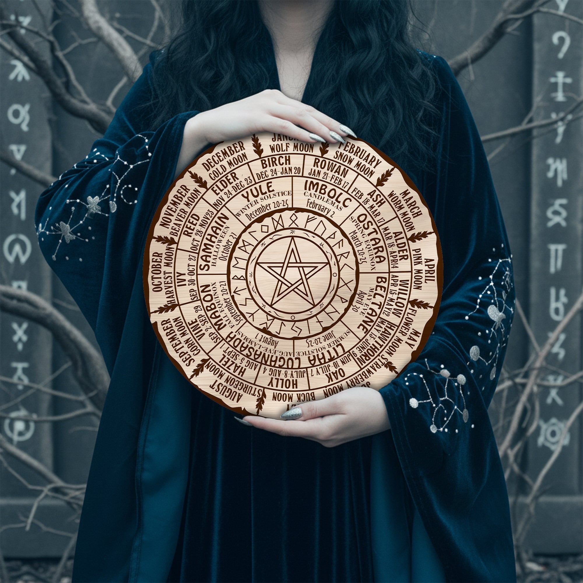 Pentagram Engraved Wheel of the Year Wooden Wiccan Art