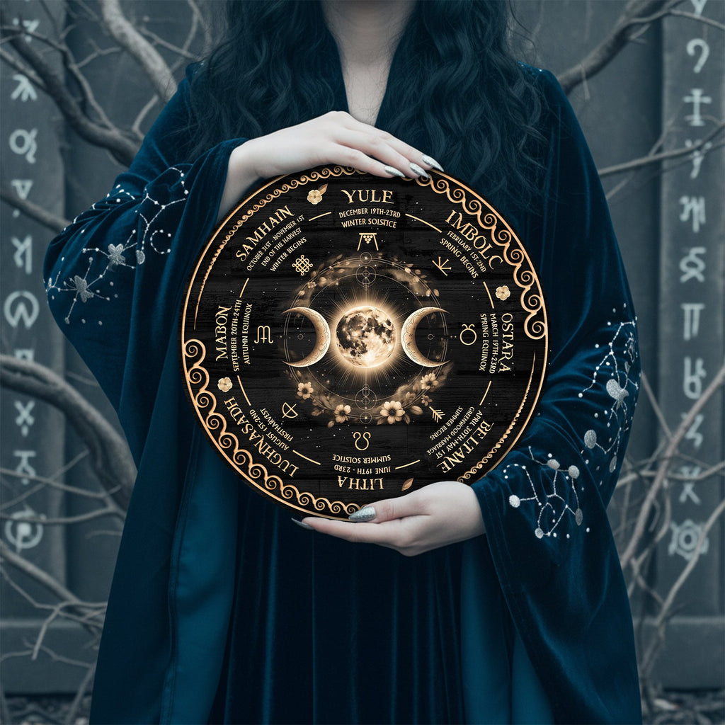 Triple Moon Wheel of the Year Wooden Pagan Wall Decor