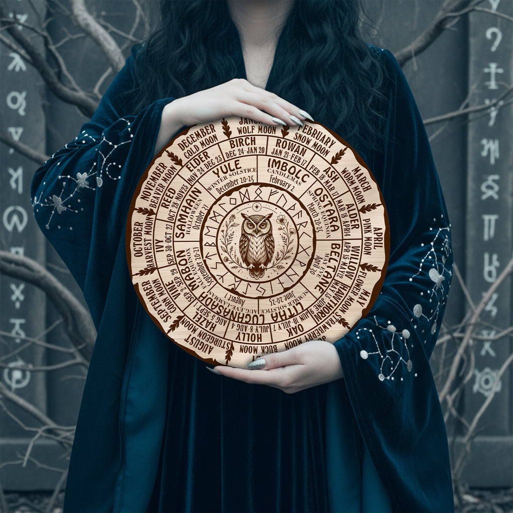 Owl Engraved Wheel of the Year Wooden Pagan Decor