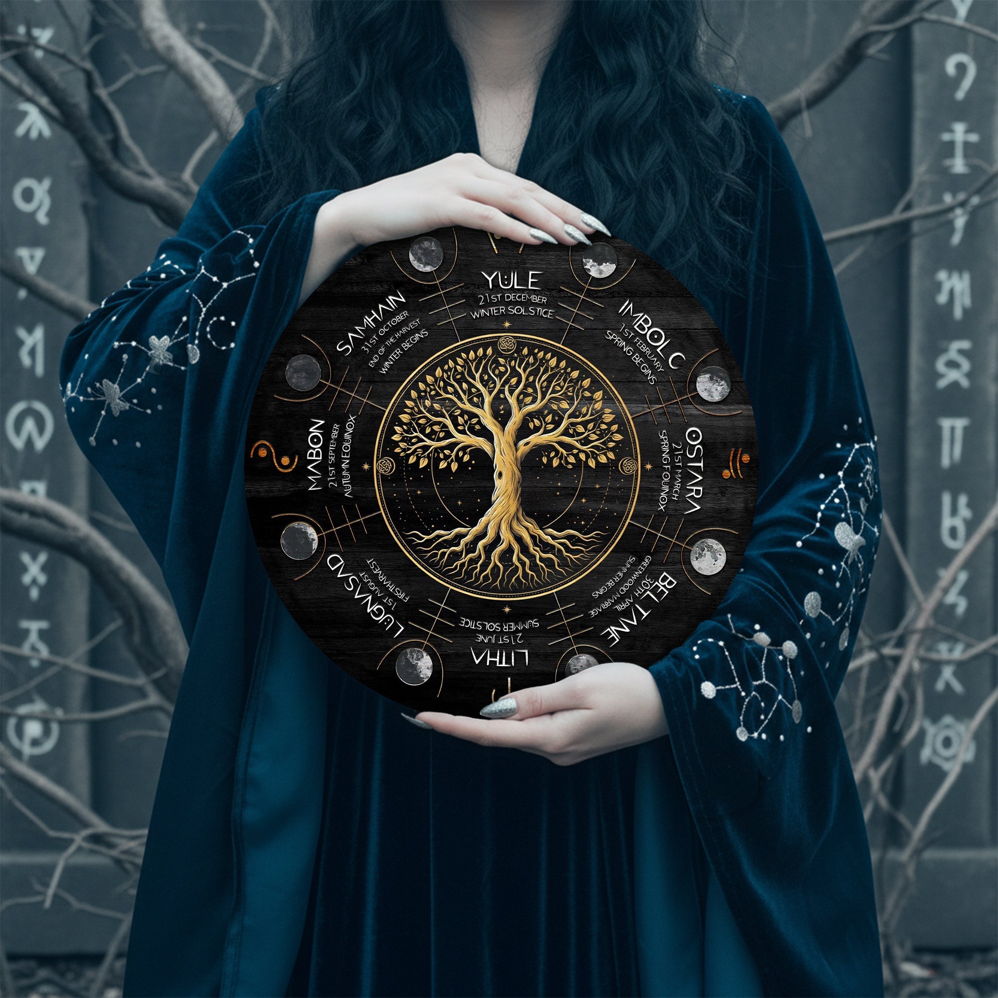 Black Gold Tree Wheel of the Year Wooden Pagan Wall Art