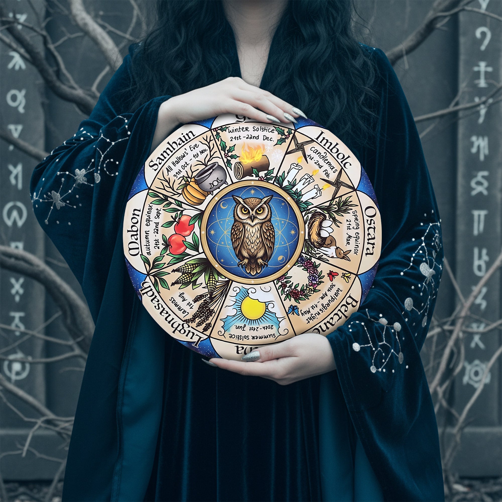 Owl Herbal Wheel of the Year Wooden Pagan Wall Decor