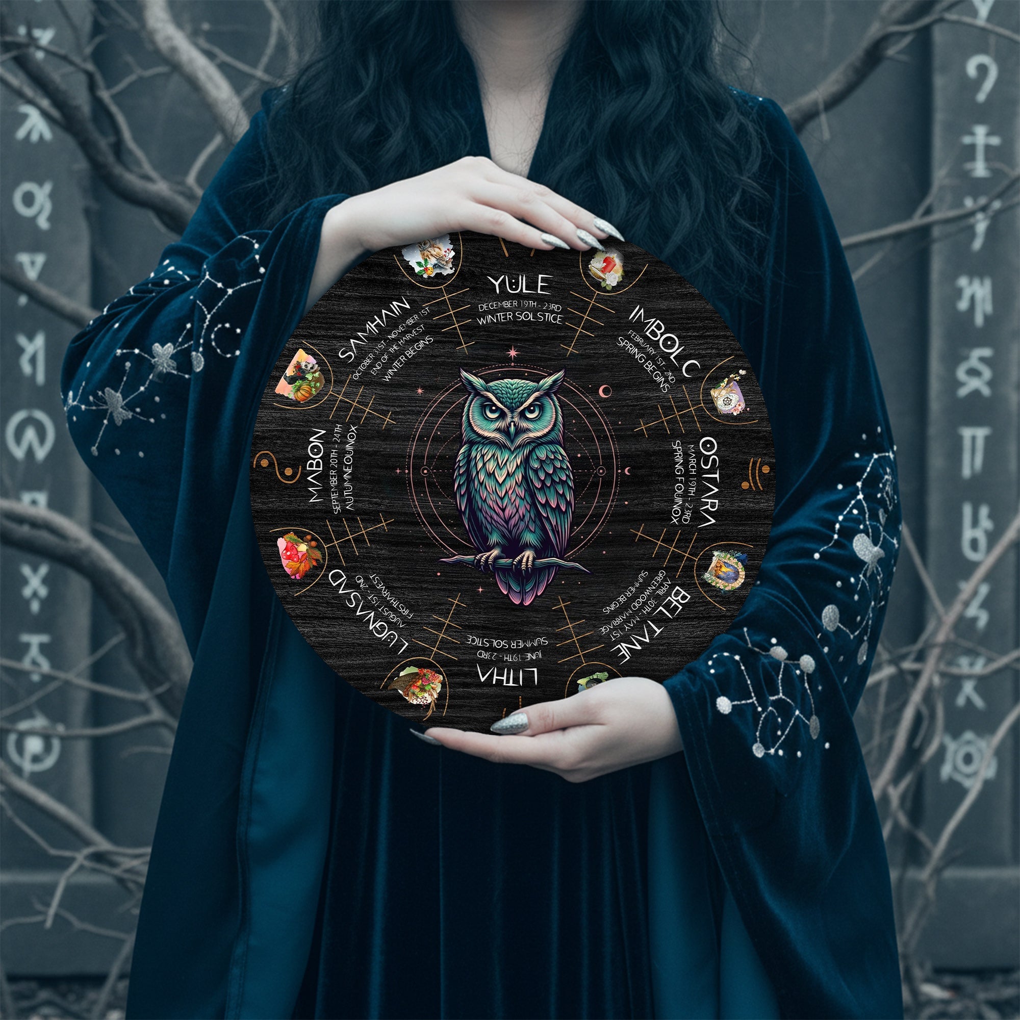 Mystic Owl Wheel of the Year Wooden Pagan Wall Art