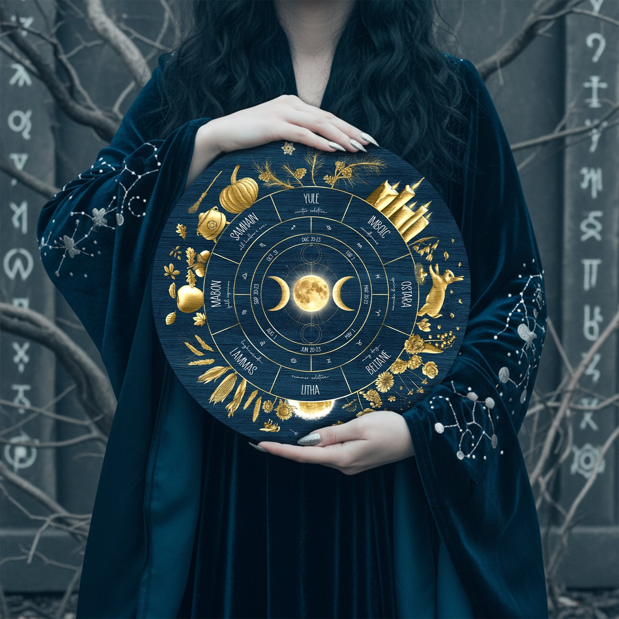 Blue Gold Wheel of the Year Wooden Moon Pagan Wall Art