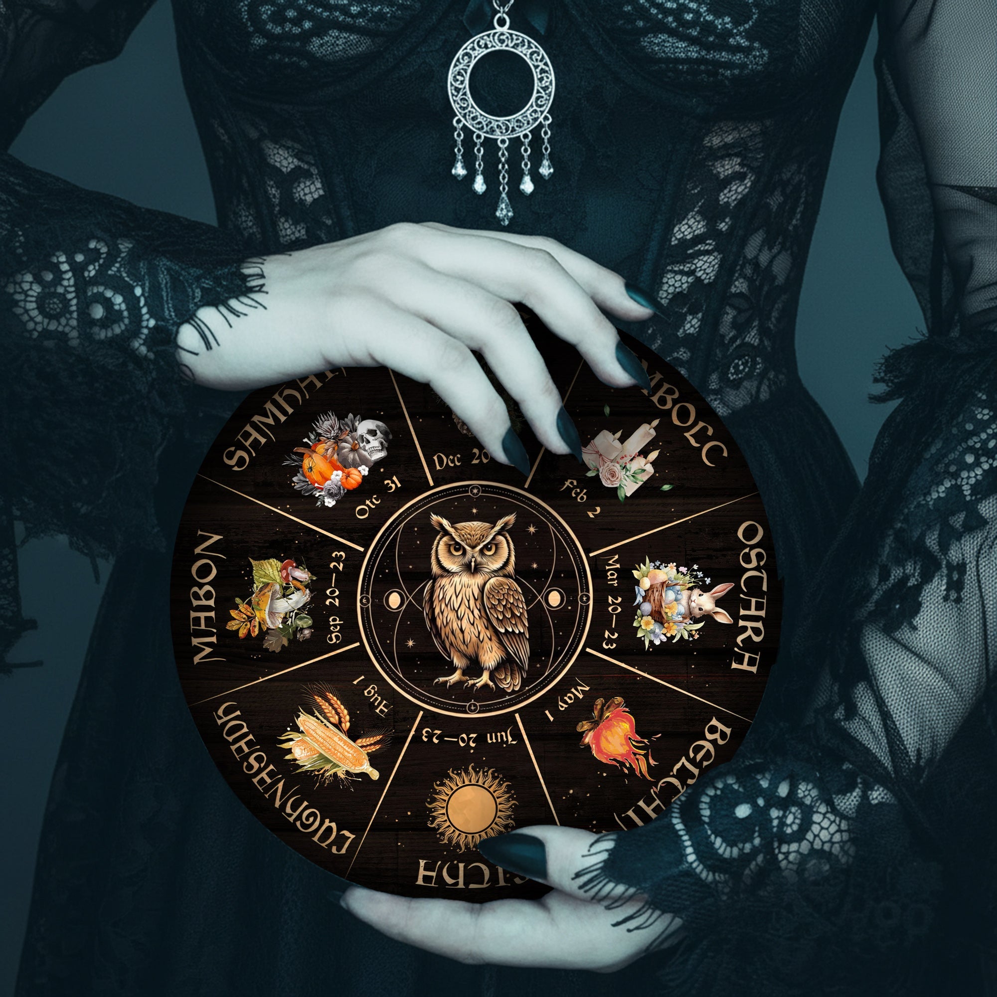 Owl Seasonal Wheel of the Year Wooden Pagan Wall Decor