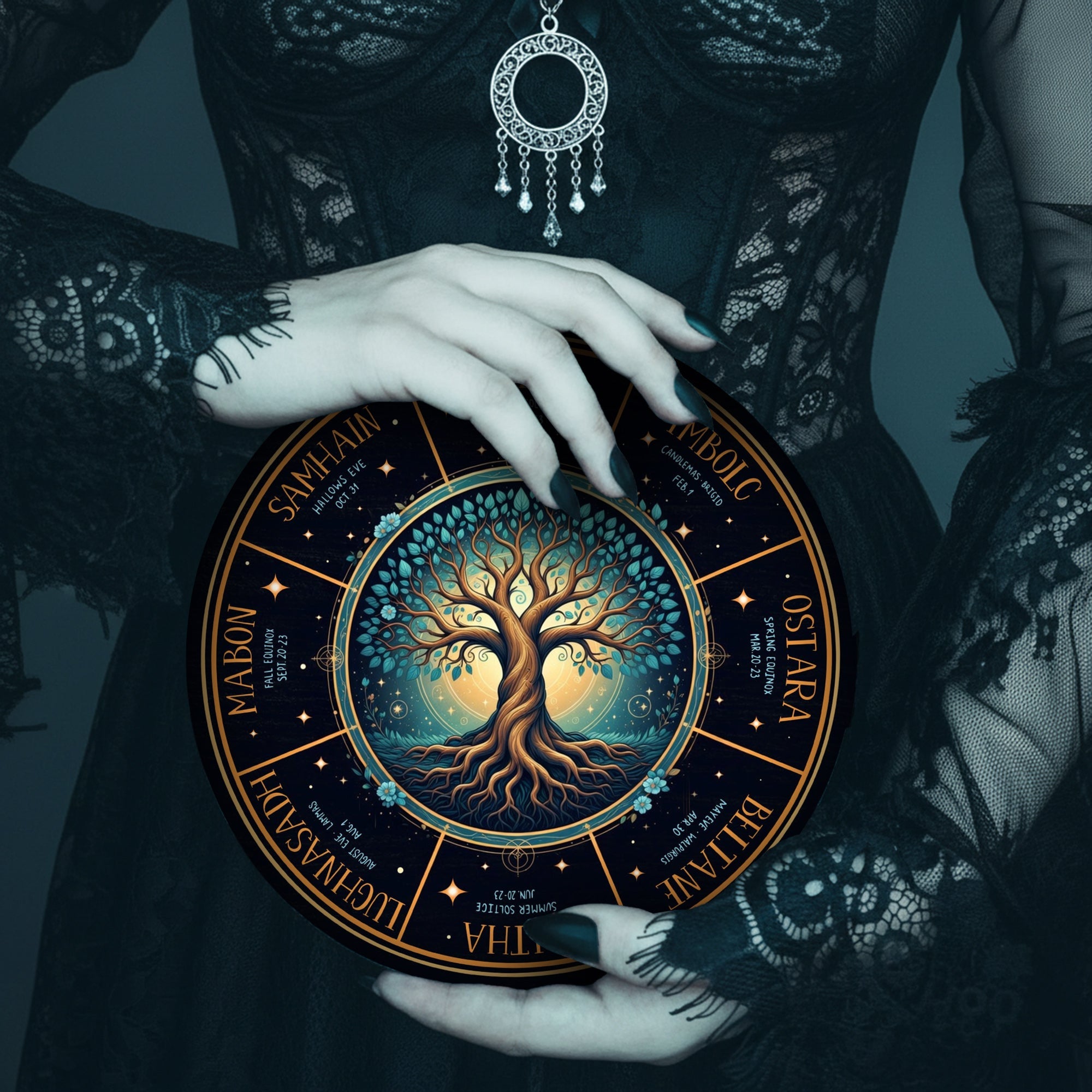 Blue Tree Wheel of the Year Wooden Pagan Wall Art