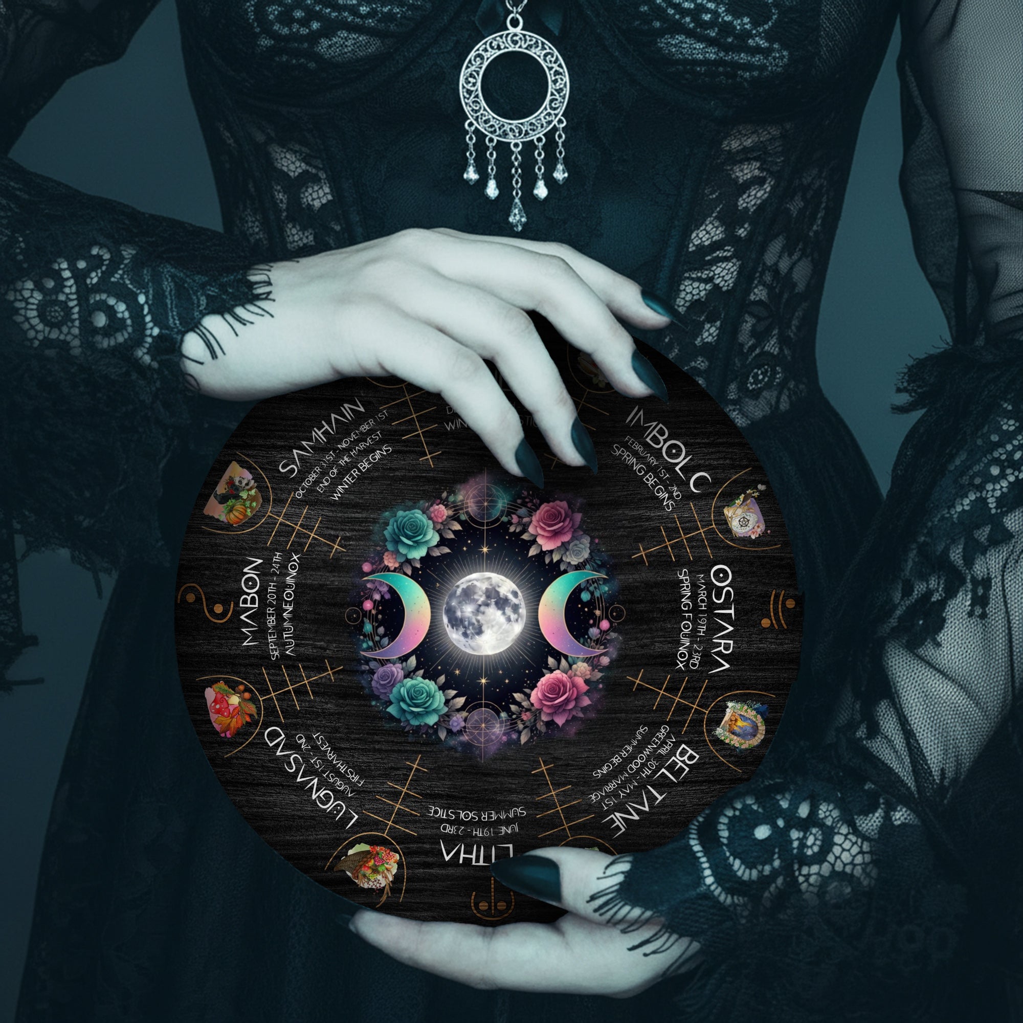 Floral Moon Wheel of the Year Wooden Pagan Wall Decor