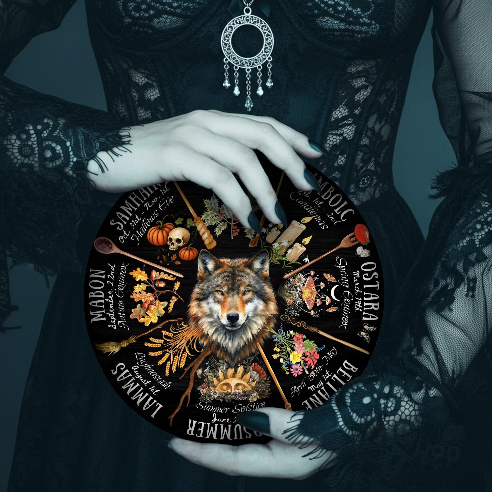 Wolf Dark Seasonal Wheel of the Year Wooden Pagan Art