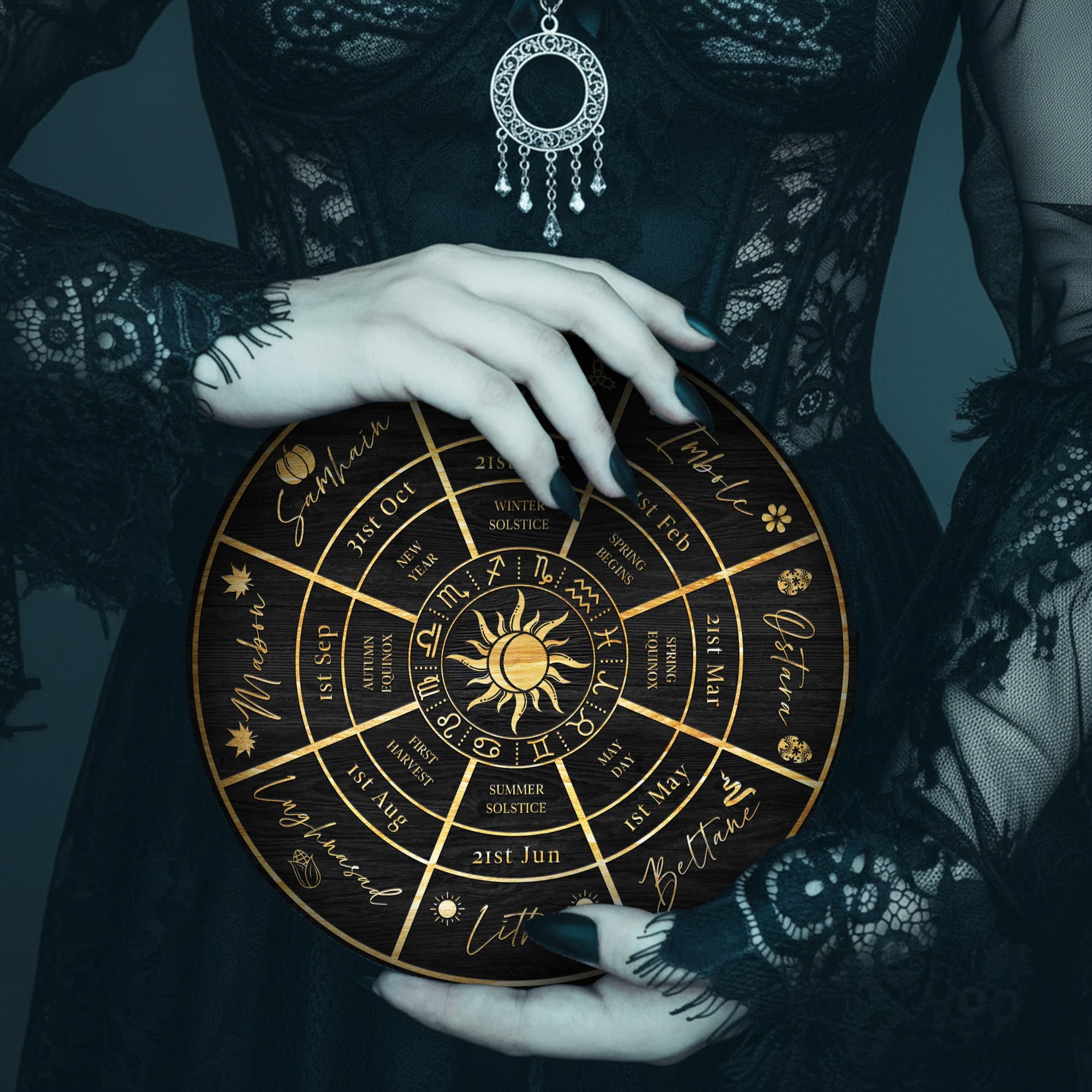 Sun Wheel of the Year Wooden Pagan Spiritual Wall Decor