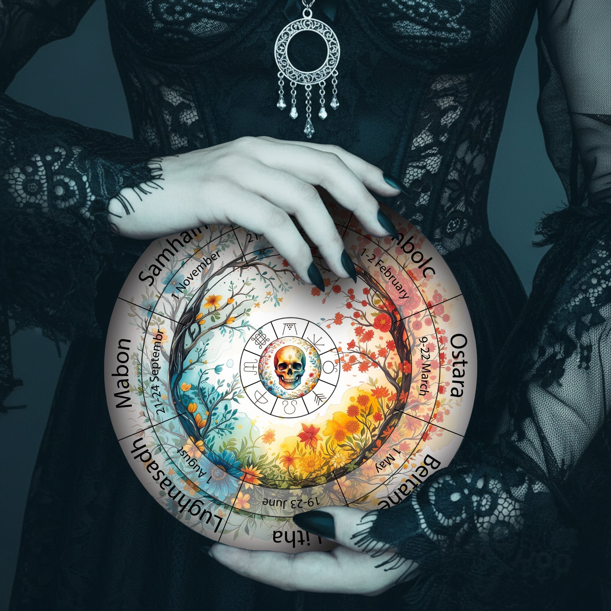 Colorful Skull Wheel of the Year Wooden Gothic Decor