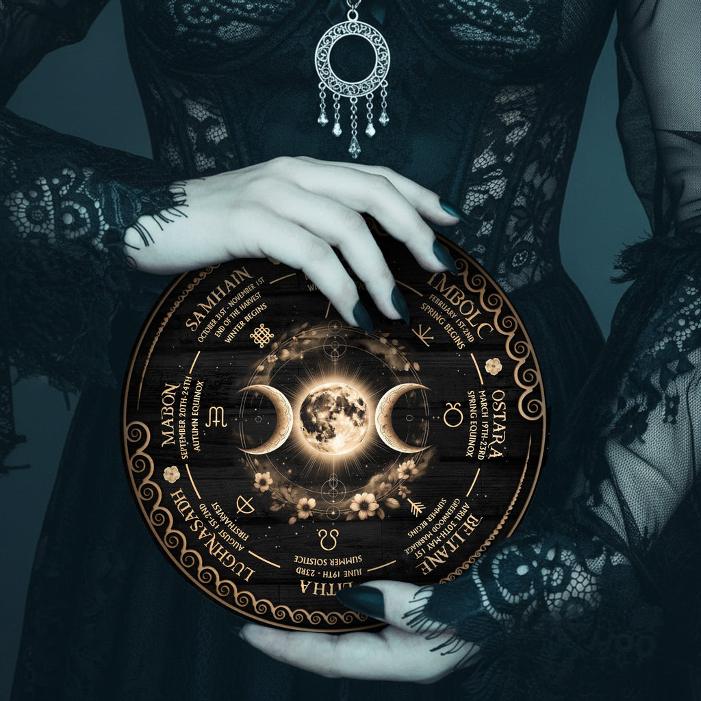 Triple Moon Wheel of the Year Wooden Pagan Wall Decor