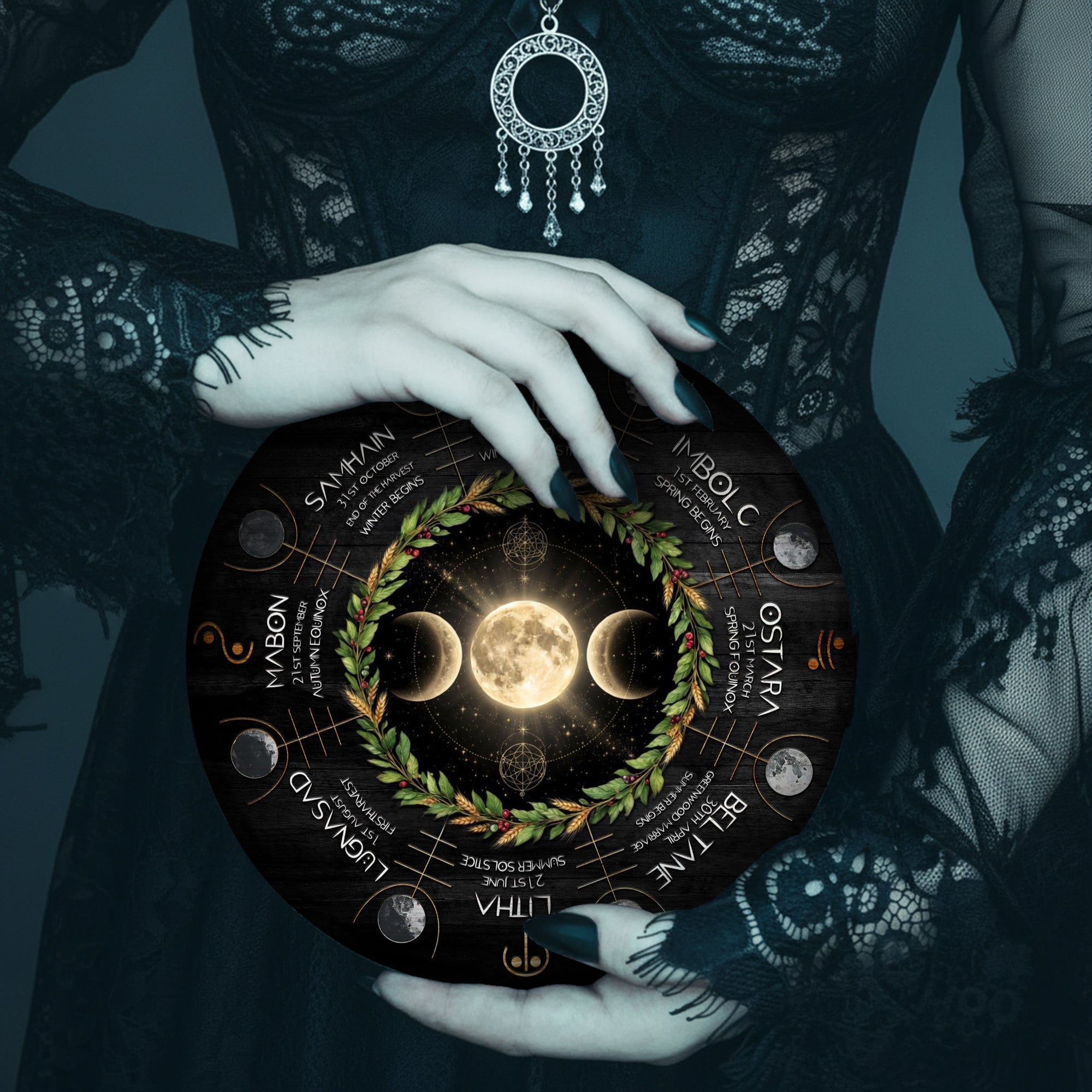 Moon Wreath Wheel of the Year Wooden Pagan Wall Decor