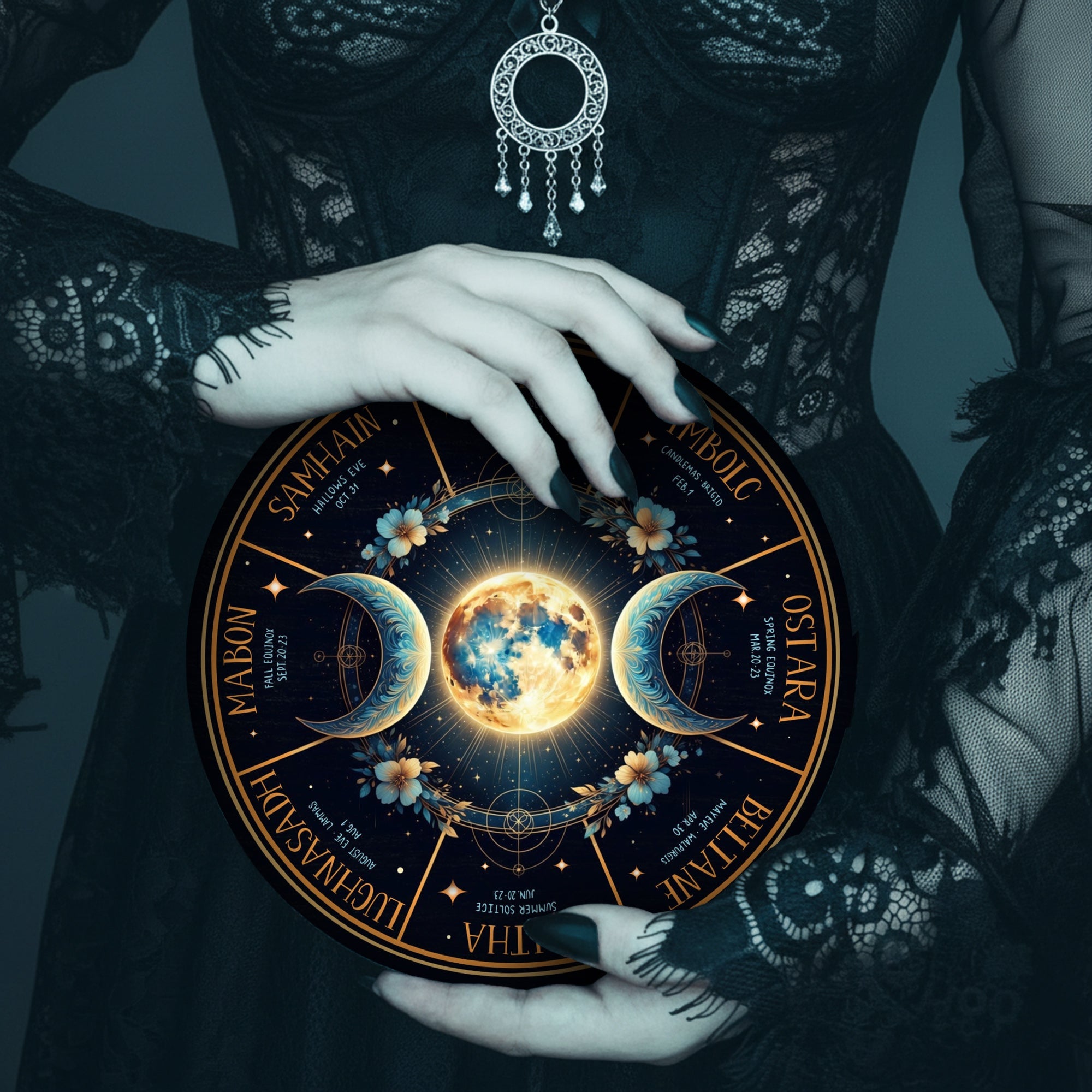 Moon Phase Wheel of the Year Wooden Pagan Wall Decor