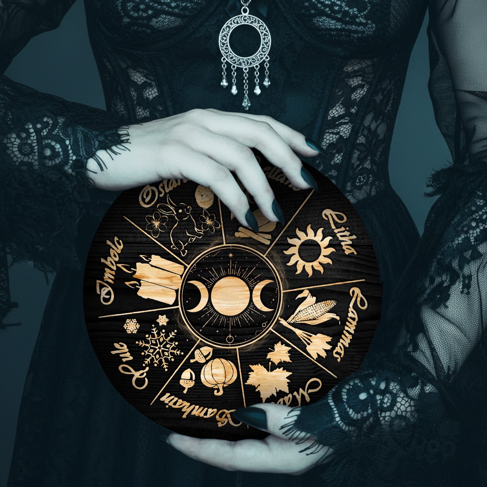 Moon Phase Seasonal Wheel of the Year Wooden Wall Art