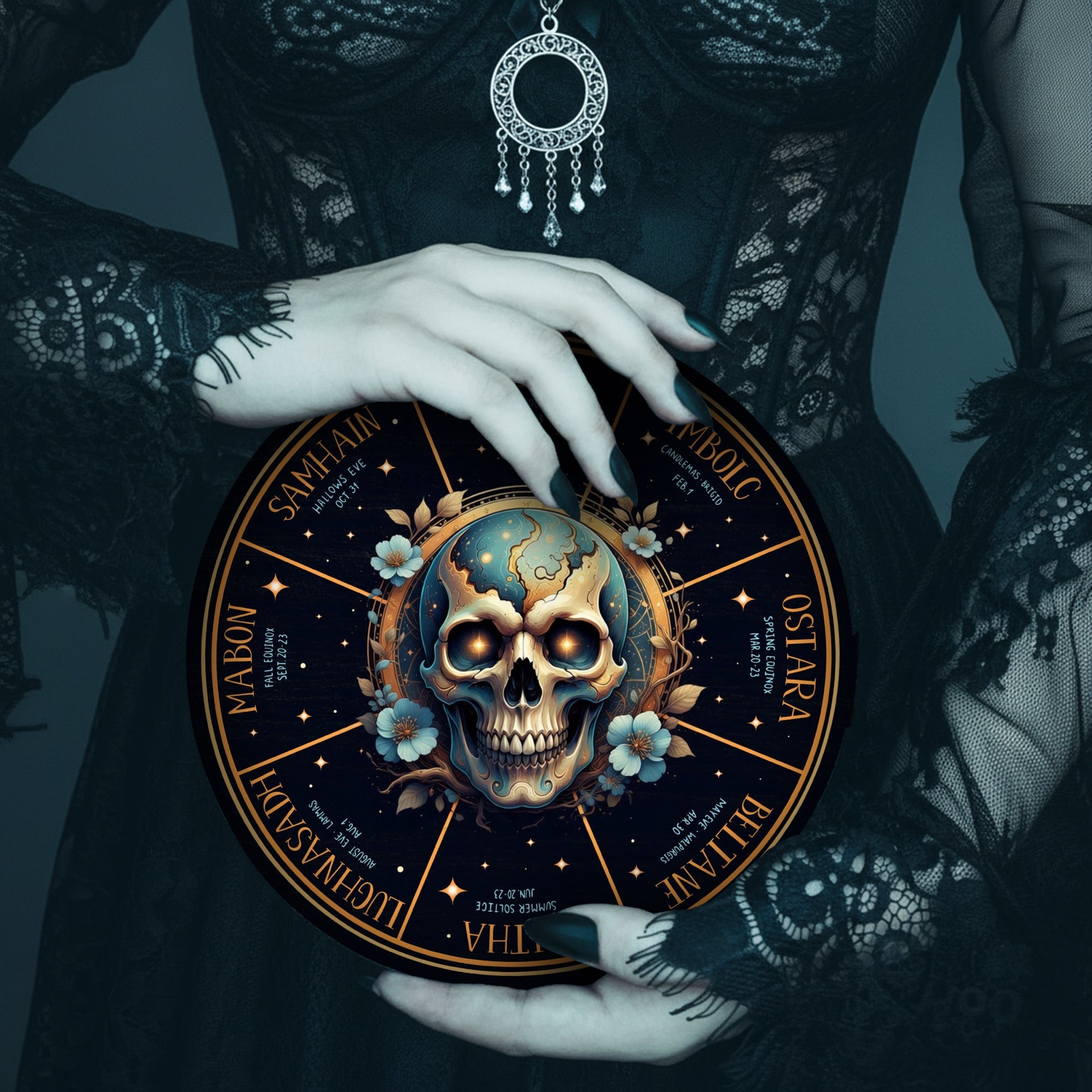 Skull Moon Wheel of the Year Wooden Gothic Wall Art