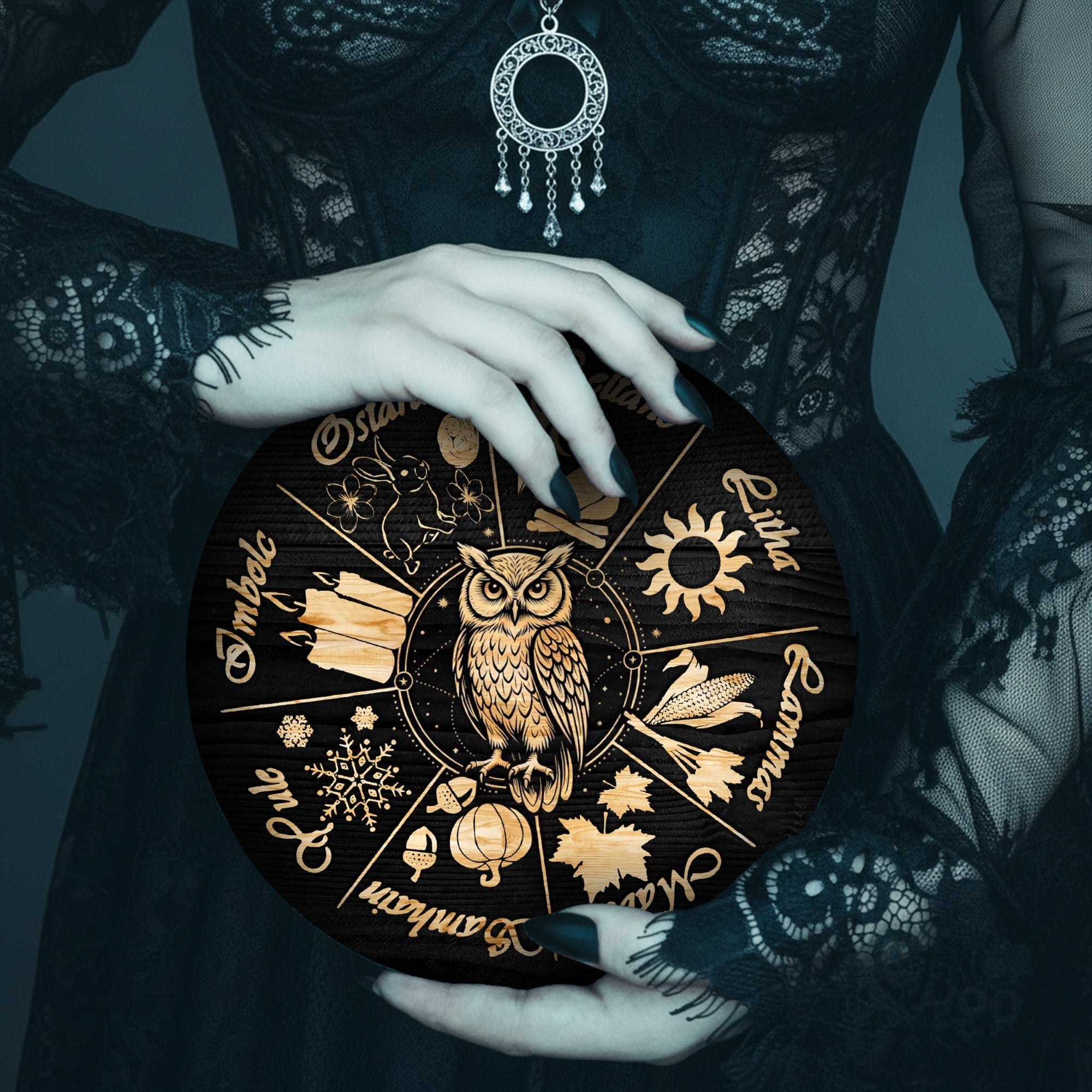 Owl Seasonal Wheel of the Year Wooden Pagan Wall Decor