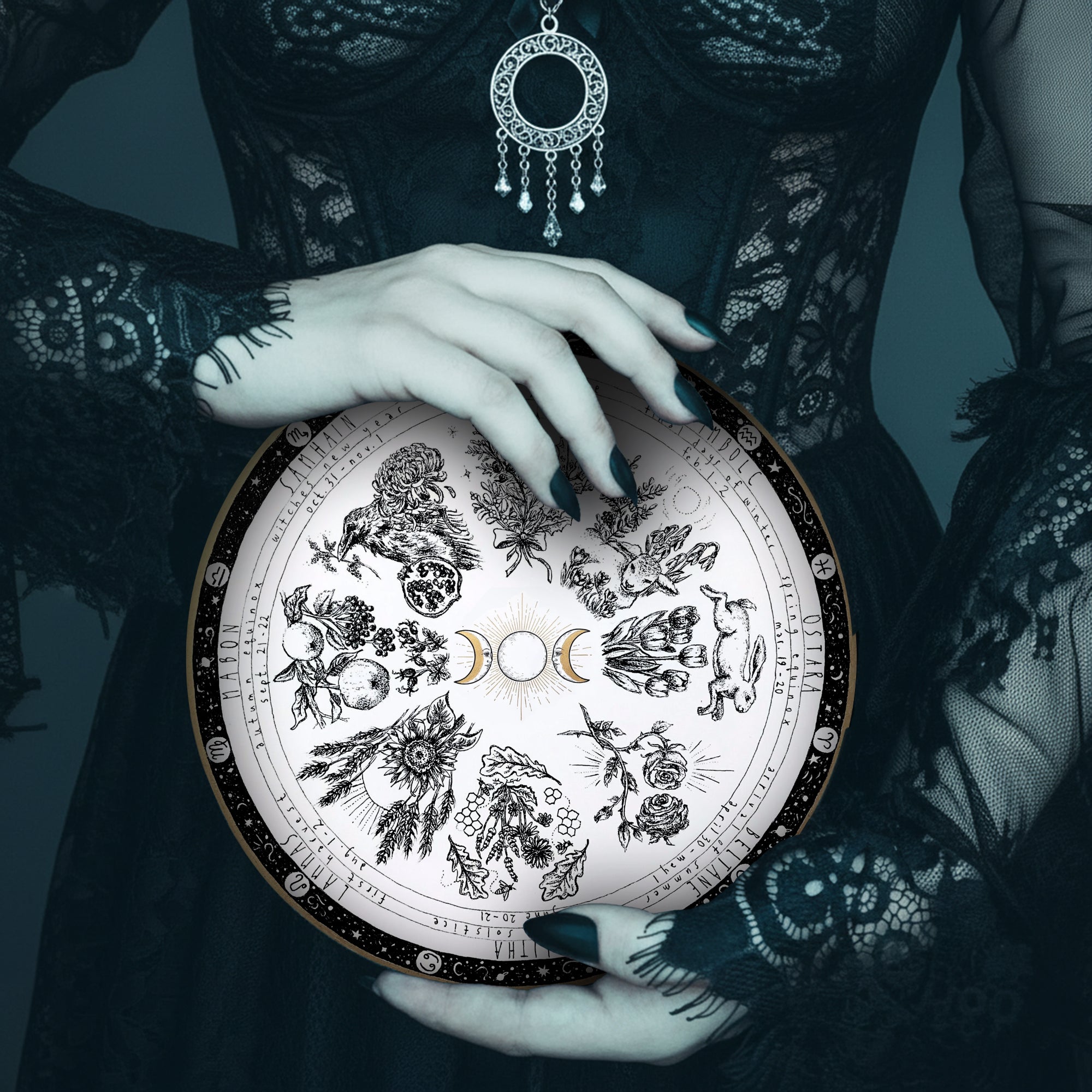 Triple Moon Vintage Wheel of the Year Wooden Decor