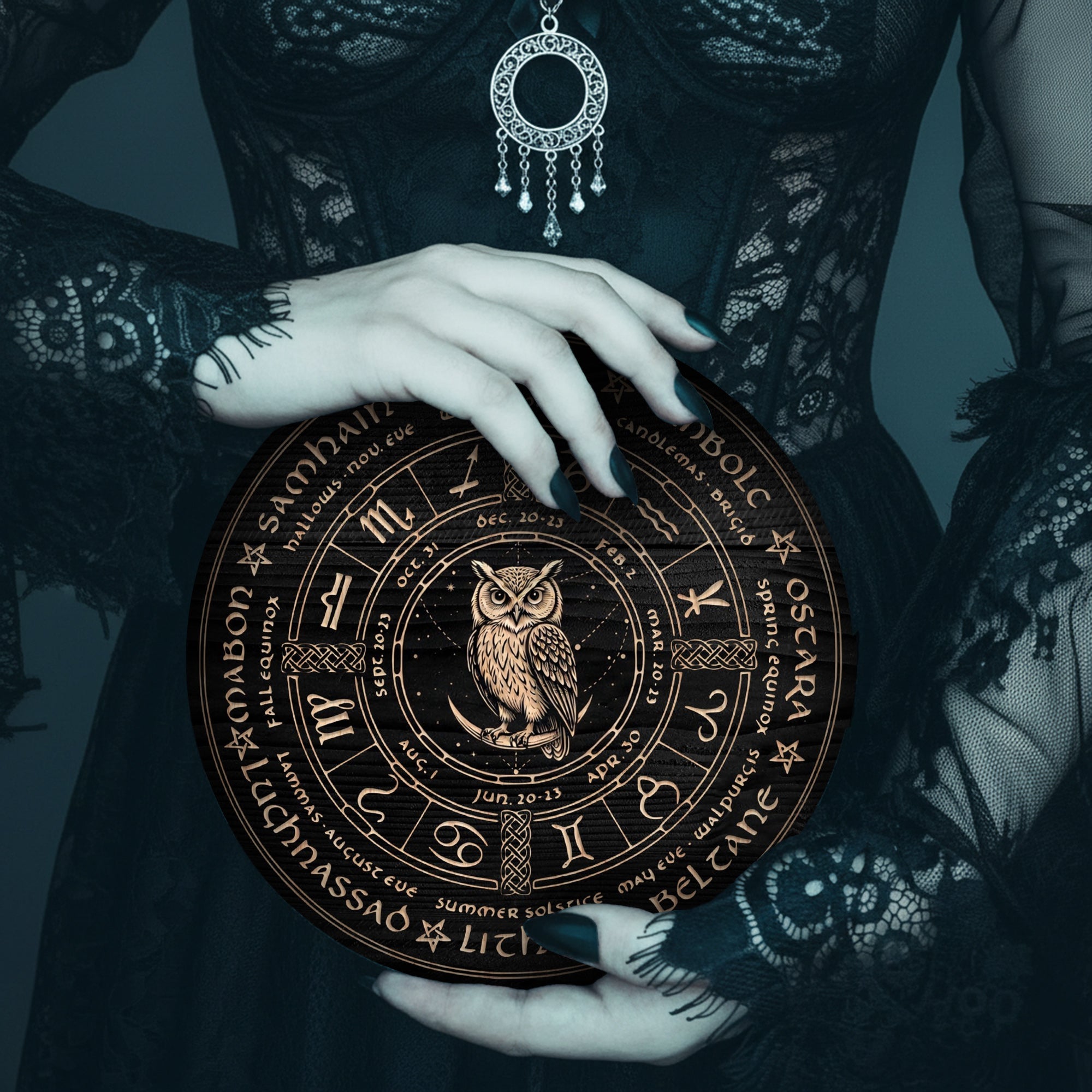 Owl Zodiac Wheel of the Year Wooden Pagan Wall Decor