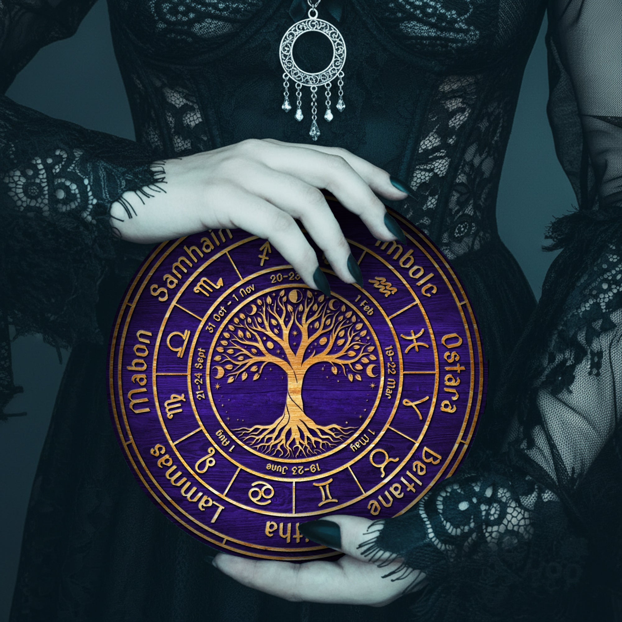 Purple Tree Wheel of the Year Wooden Pagan Wall Decor