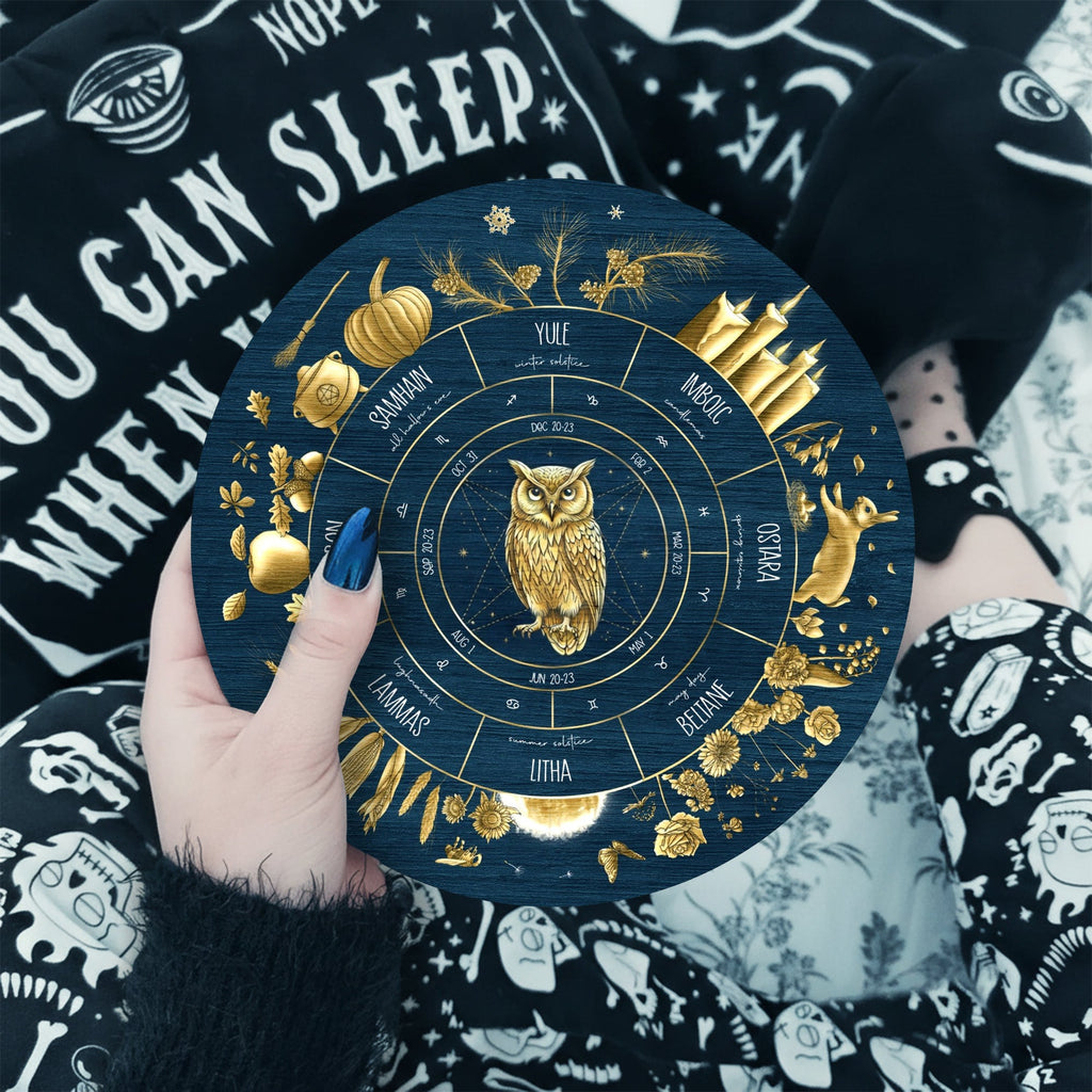 Blue Owl Wheel of the Year Wooden Pagan Wall Decor