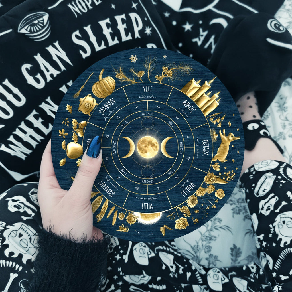 Blue Gold Wheel of the Year Wooden Moon Pagan Wall Art