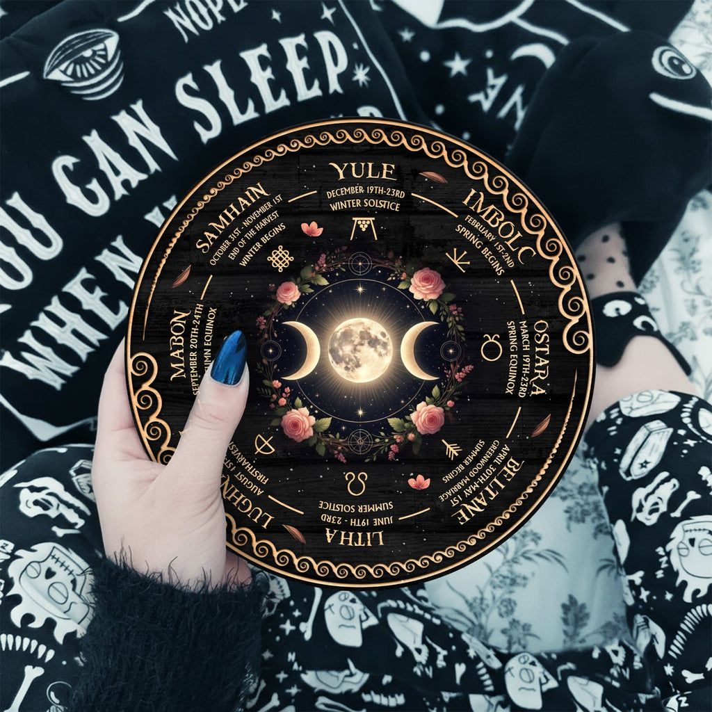 Triple Moon Floral Wheel of the Year Wooden Pagan Decor