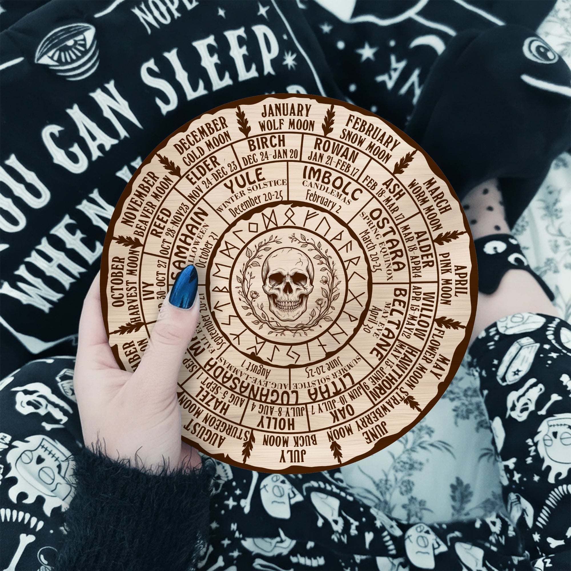 Skull Engraved Wheel of the Year Wooden Gothic Decor