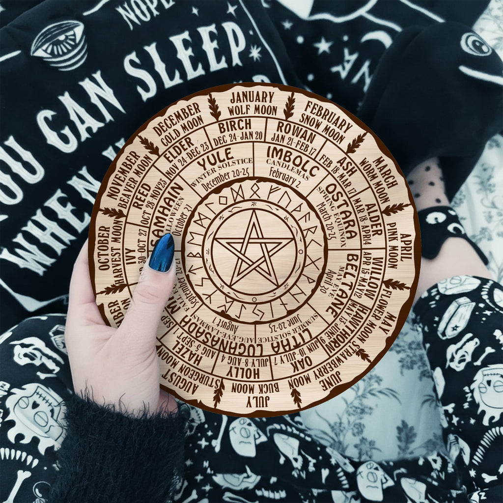 Pentagram Engraved Wheel of the Year Wooden Wiccan Art