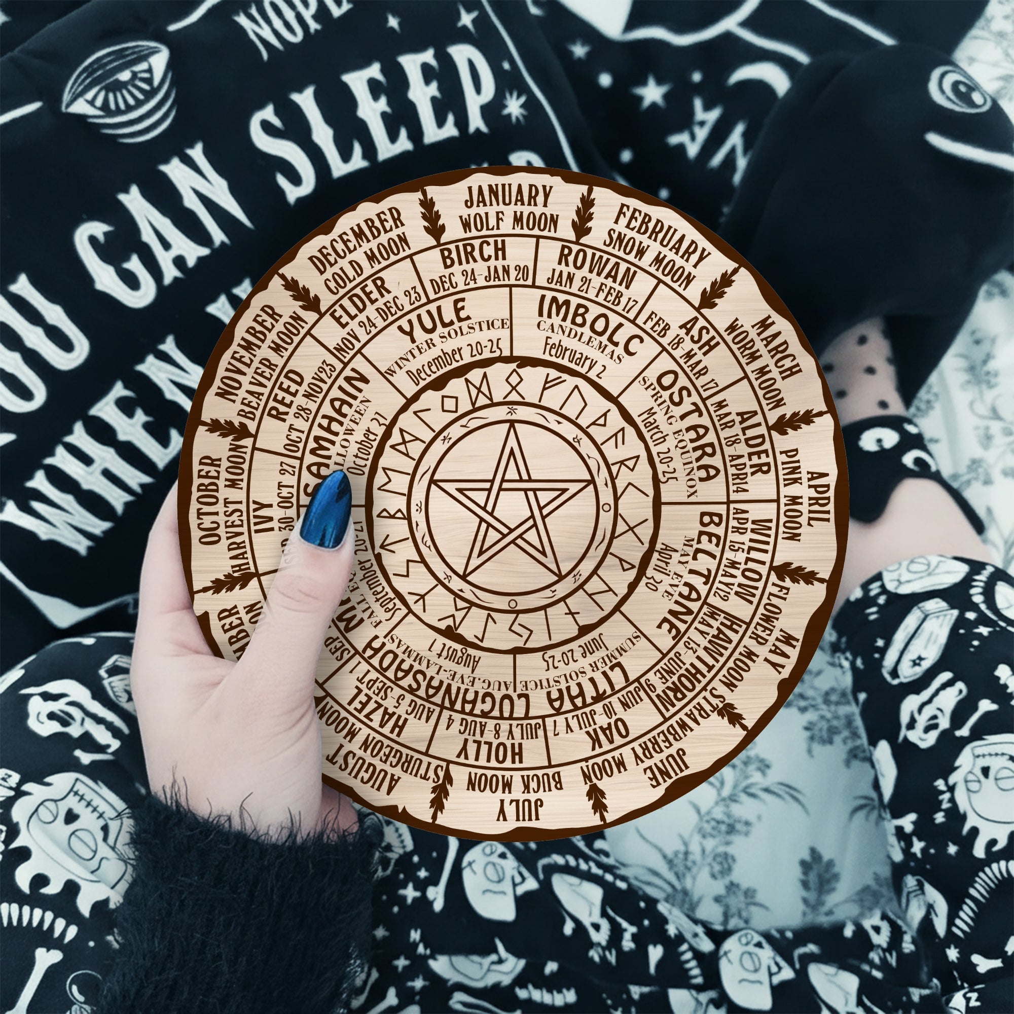 Pentagram Engraved Wheel of the Year Wooden Wiccan Art