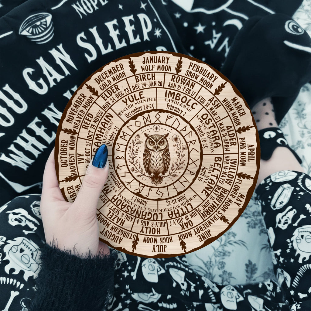 Owl Engraved Wheel of the Year Wooden Pagan Decor