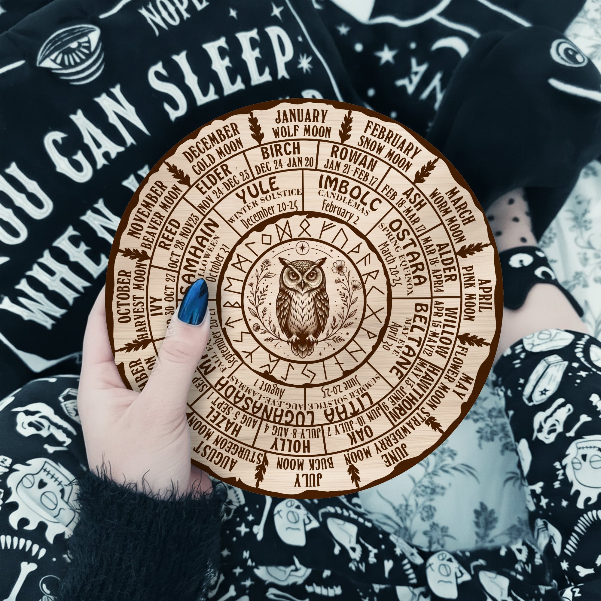 Owl Engraved Wheel of the Year Wooden Pagan Decor