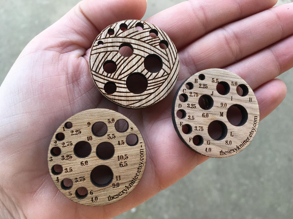 Knitting/Crochet Gauge for Needles & Hooks - wooden yarn ball