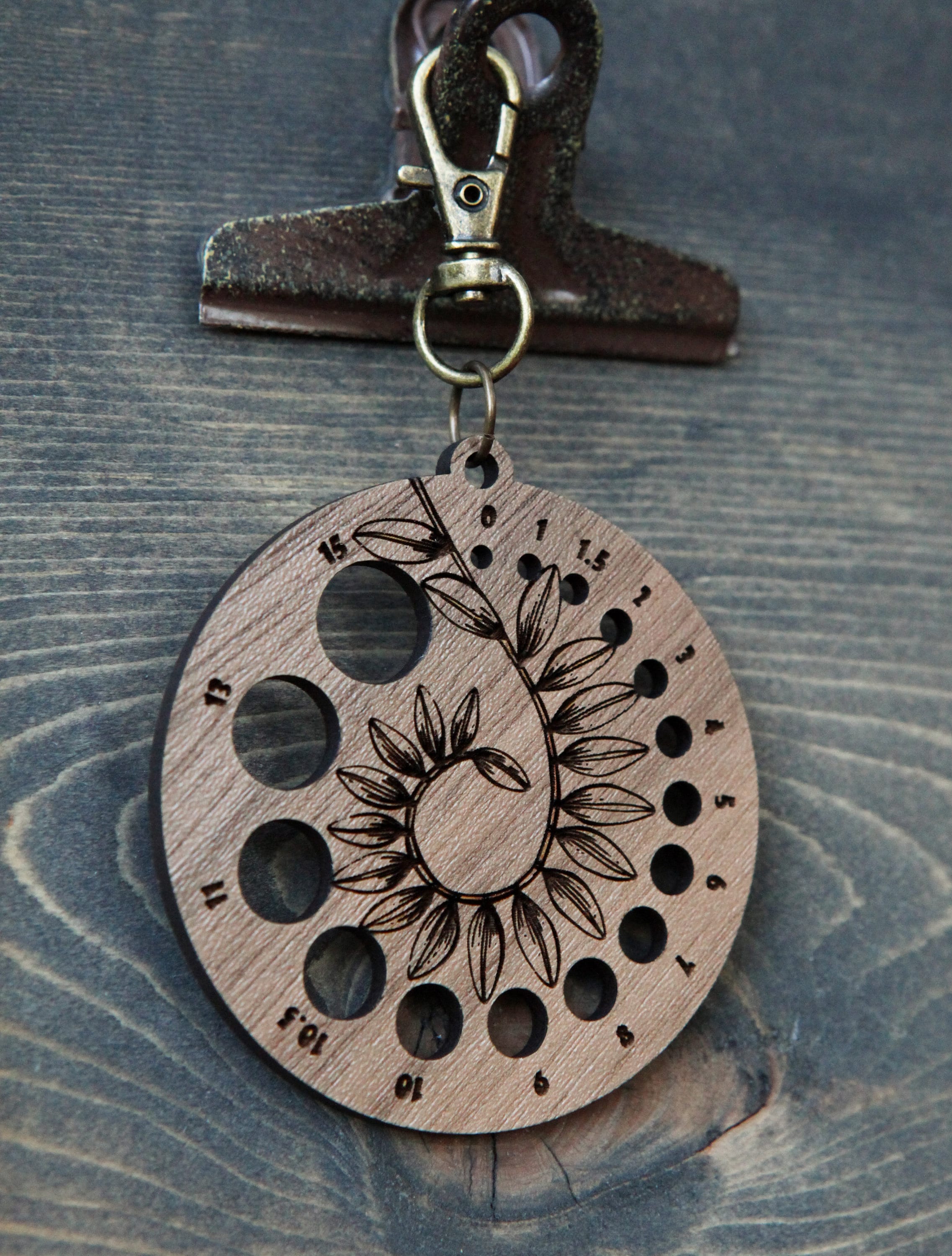 Knitting Needle Gauge Guide with Coiled Leaves in a Spiral  - Walnut Wood with Bronze Clasp for knitters