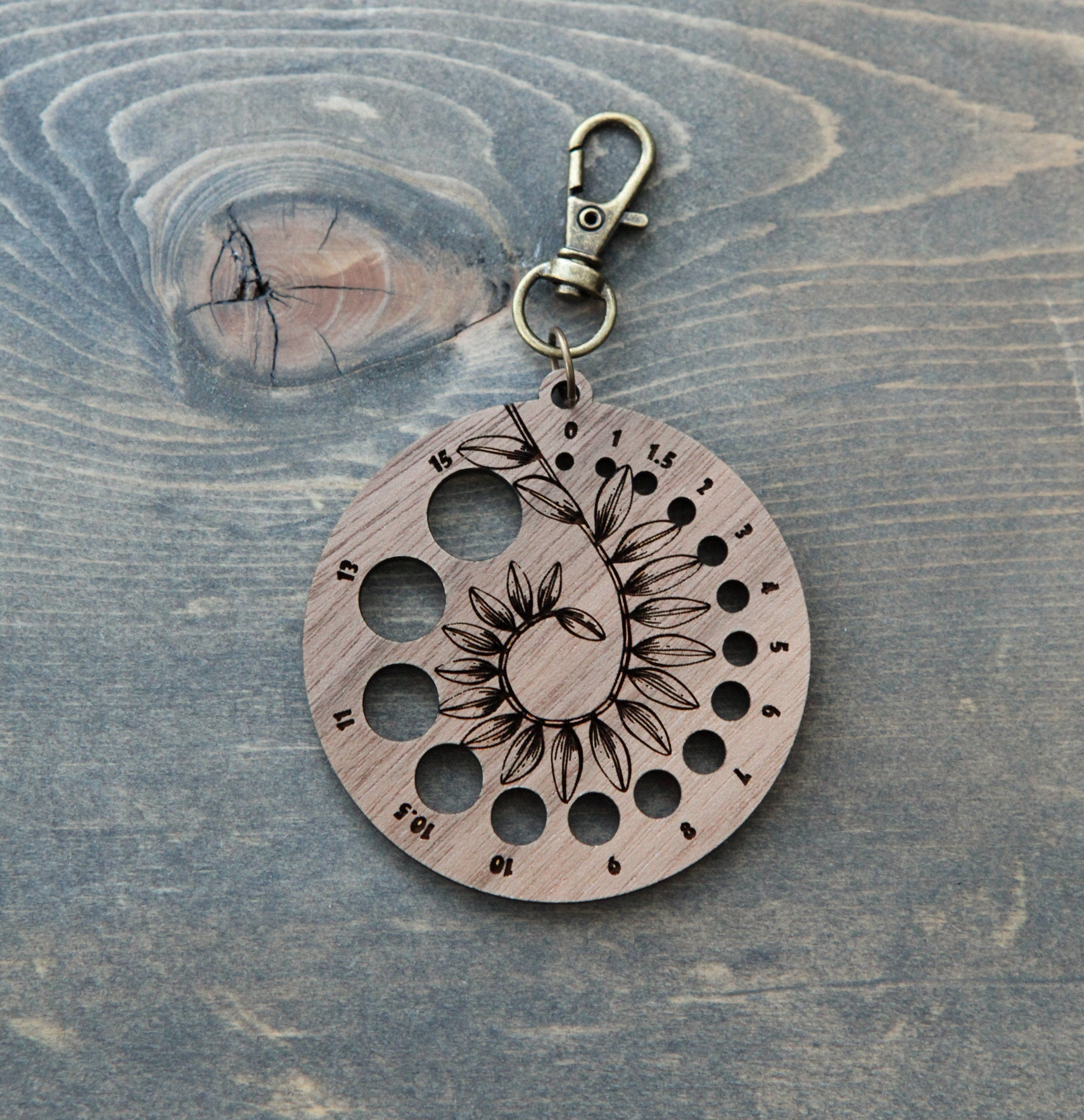 Knitting Needle Gauge Guide with Coiled Leaves in a Spiral  - Walnut Wood with Bronze Clasp for knitters
