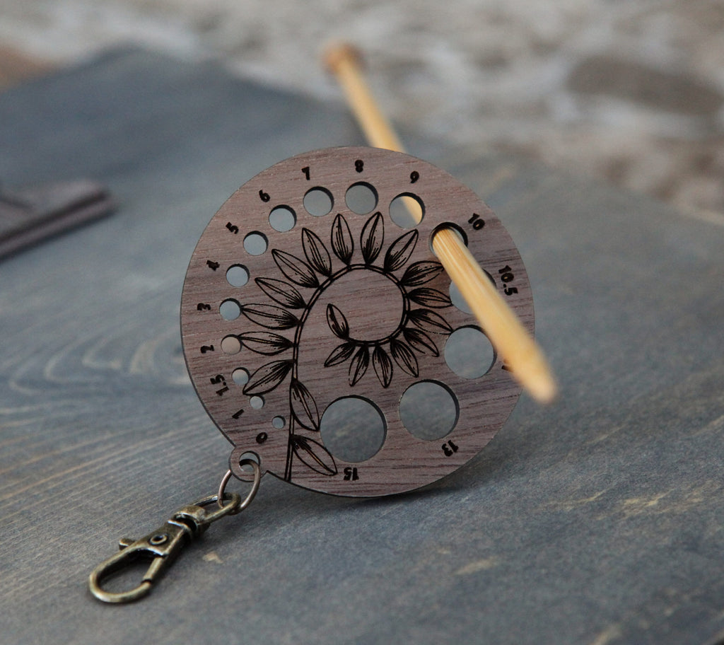 Knitting Needle Gauge Guide with Coiled Leaves in a Spiral  - Walnut Wood with Bronze Clasp for knitters