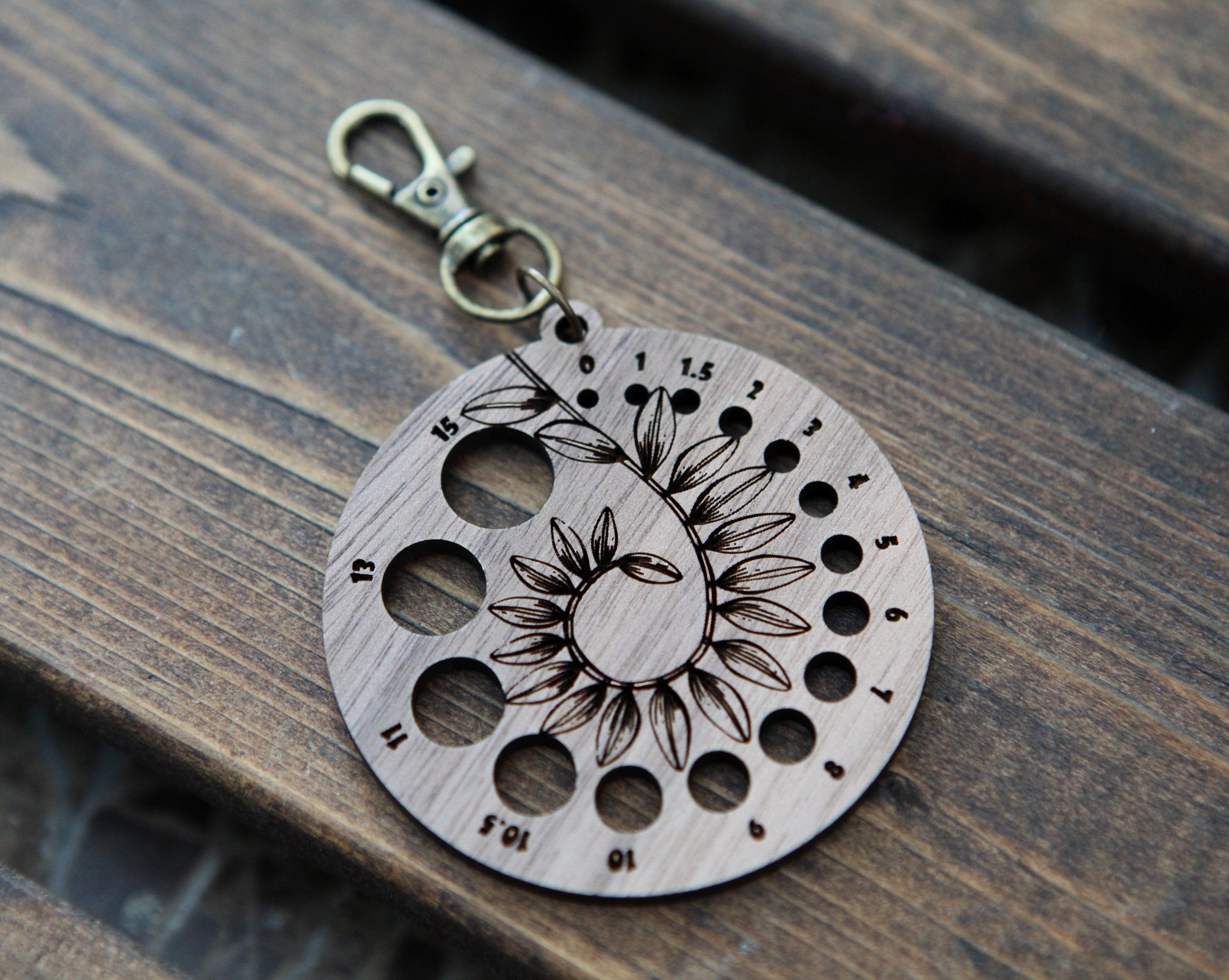 Knitting Needle Gauge Guide with Coiled Leaves in a Spiral  - Walnut Wood with Bronze Clasp for knitters