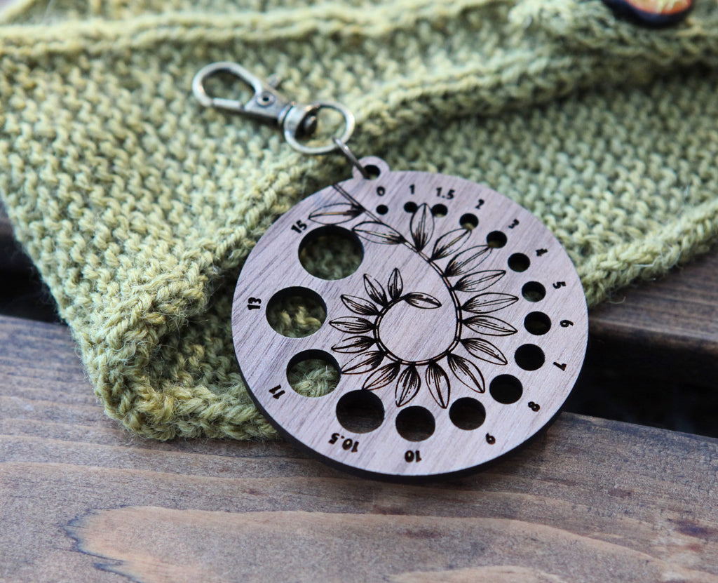 Knitting Needle Gauge Guide with Coiled Leaves in a Spiral  - Walnut Wood with Bronze Clasp for knitters