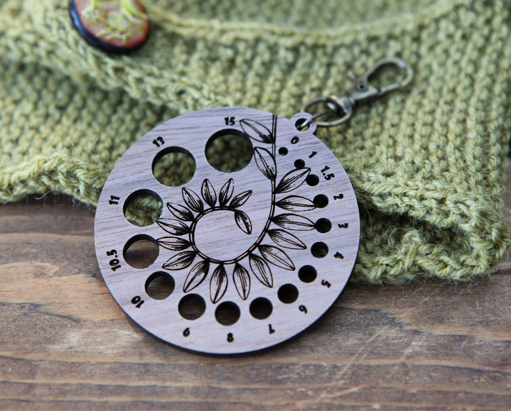 Knitting Needle Gauge Guide with Coiled Leaves in a Spiral  - Walnut Wood with Bronze Clasp for knitters