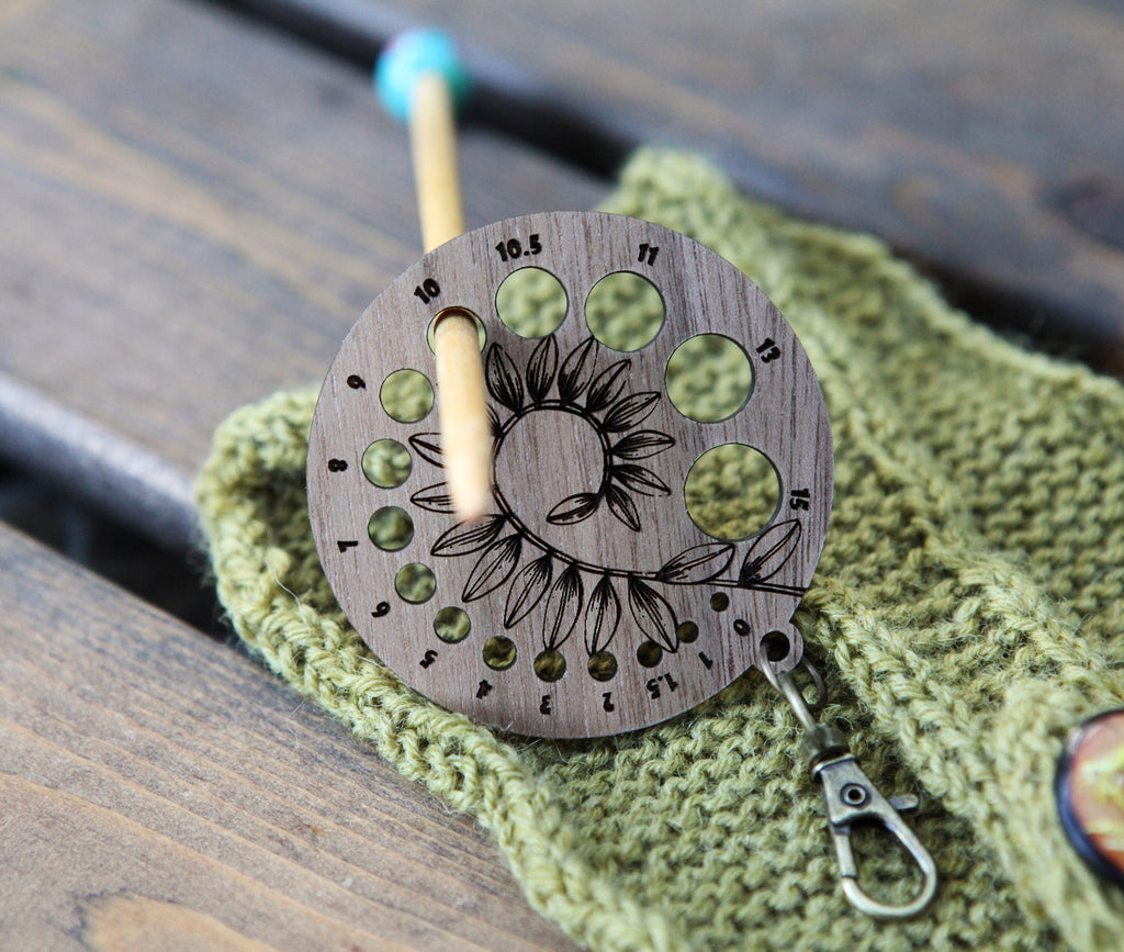 Knitting Needle Gauge Guide with Coiled Leaves in a Spiral  - Walnut Wood with Bronze Clasp for knitters