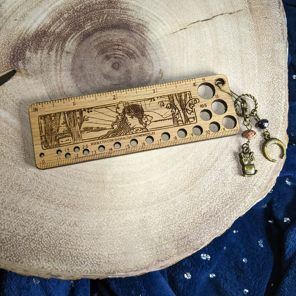 Art Deco Style Wooden Knitting Needle Gauge & Stitch Marker Combo - Several Styles to Choose From