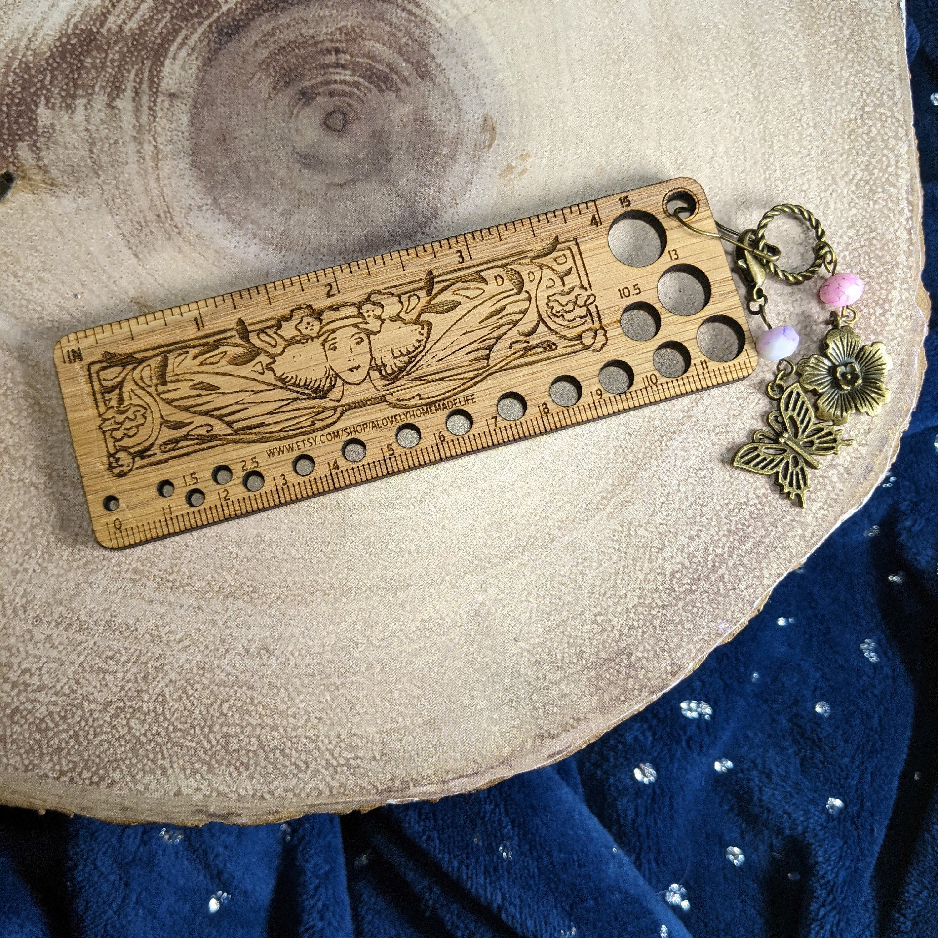 Art Deco Style Wooden Knitting Needle Gauge & Stitch Marker Combo - Several Styles to Choose From