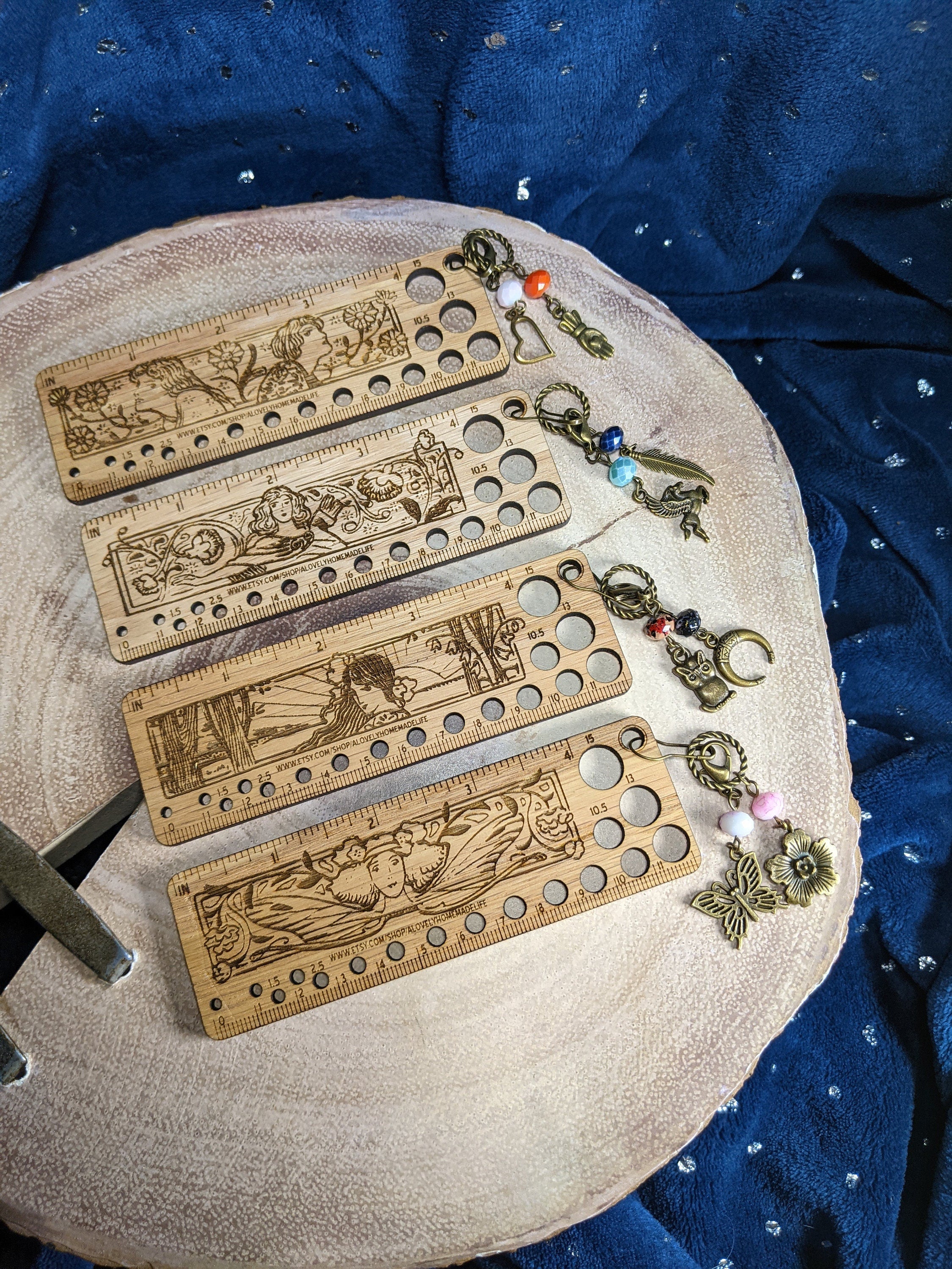 Art Deco Style Wooden Knitting Needle Gauge & Stitch Marker Combo - Several Styles to Choose From
