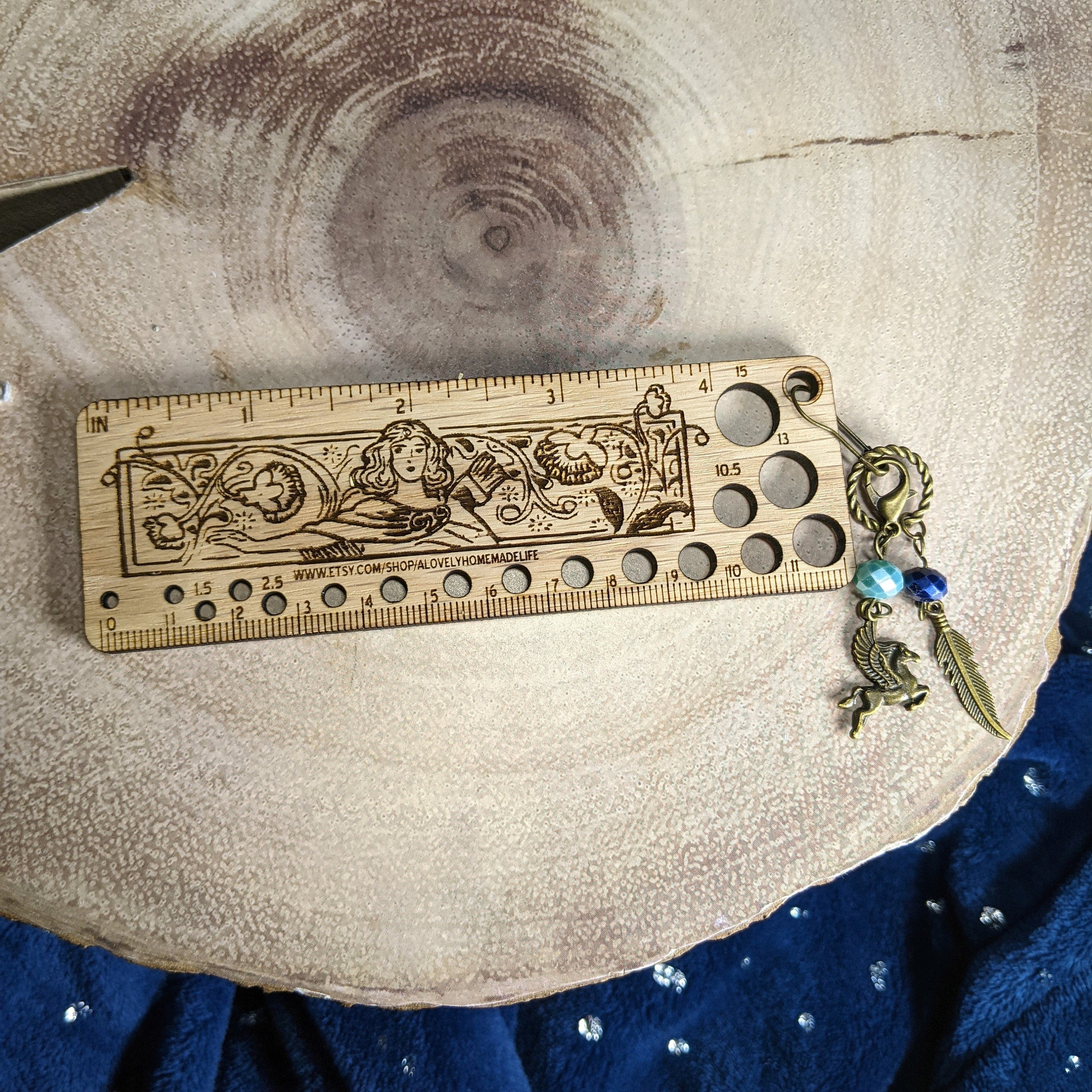 Art Deco Style Wooden Knitting Needle Gauge & Stitch Marker Combo - Several Styles to Choose From