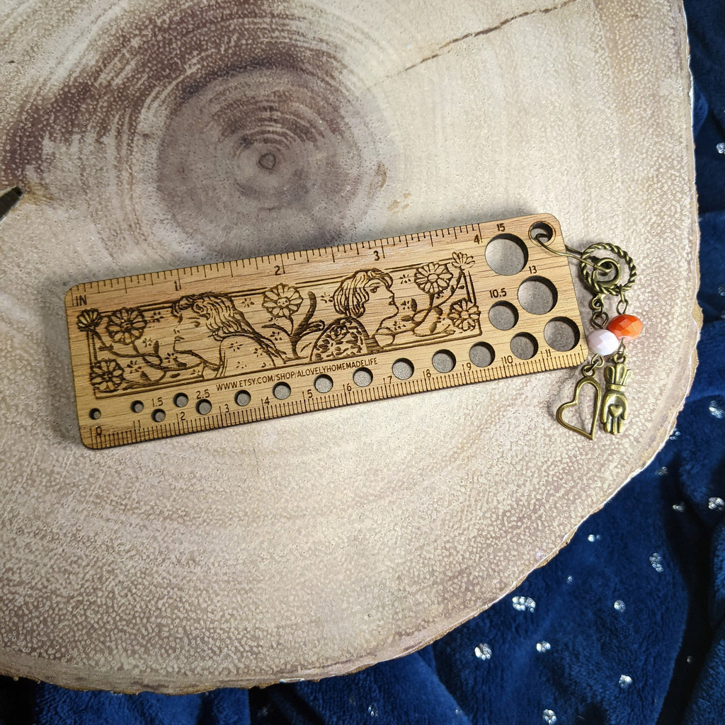 Art Deco Style Wooden Knitting Needle Gauge & Stitch Marker Combo - Several Styles to Choose From