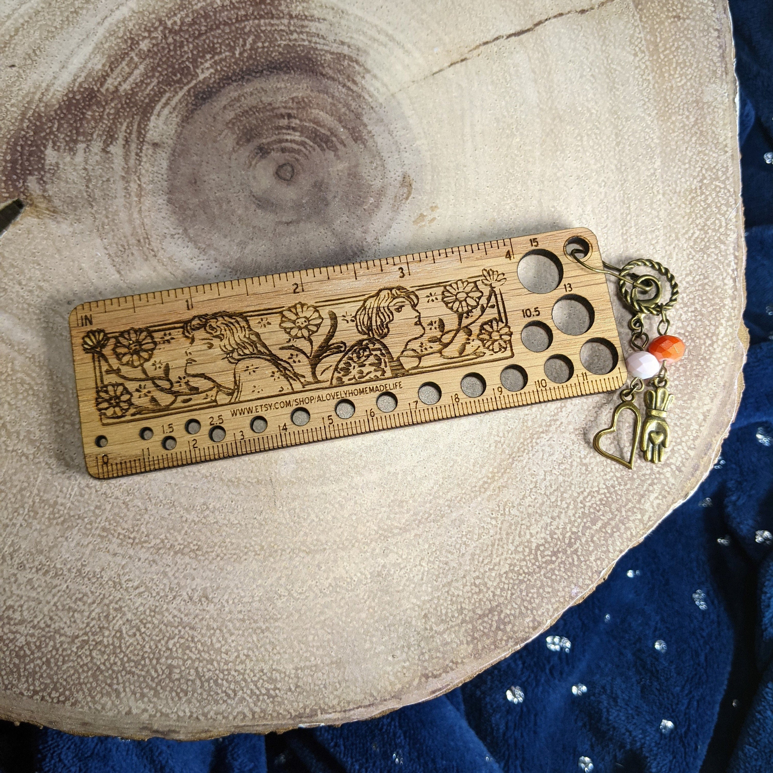 Art Deco Style Wooden Knitting Needle Gauge & Stitch Marker Combo - Several Styles to Choose From