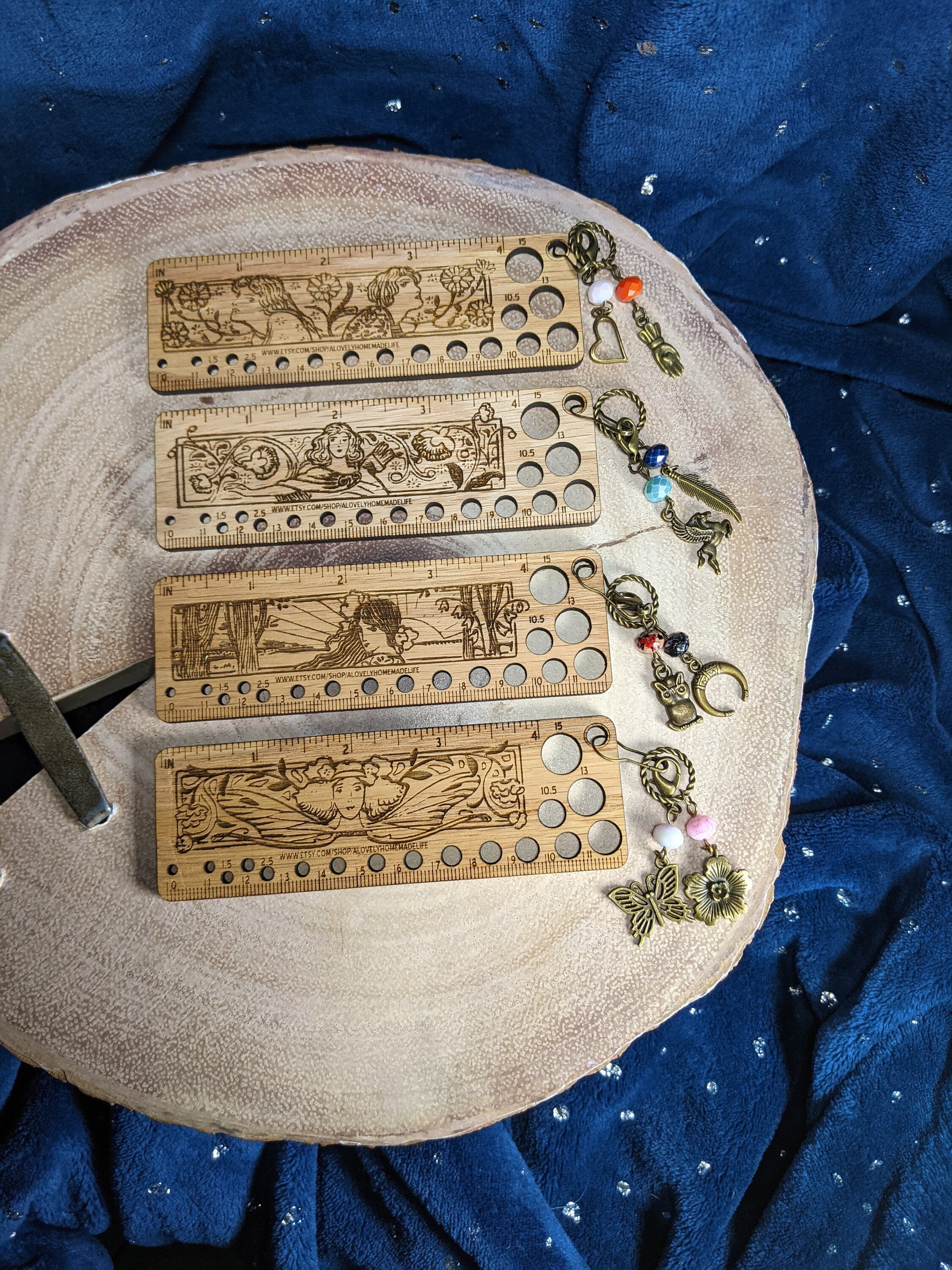 Art Deco Style Wooden Knitting Needle Gauge & Stitch Marker Combo - Several Styles to Choose From