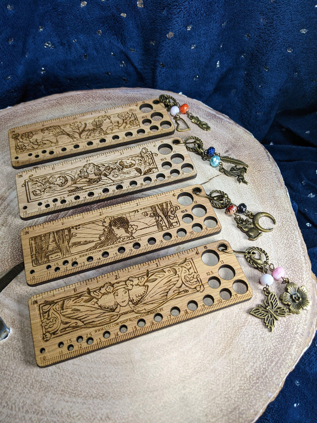 Art Deco Style Wooden Knitting Needle Gauge & Stitch Marker Combo - Several Styles to Choose From