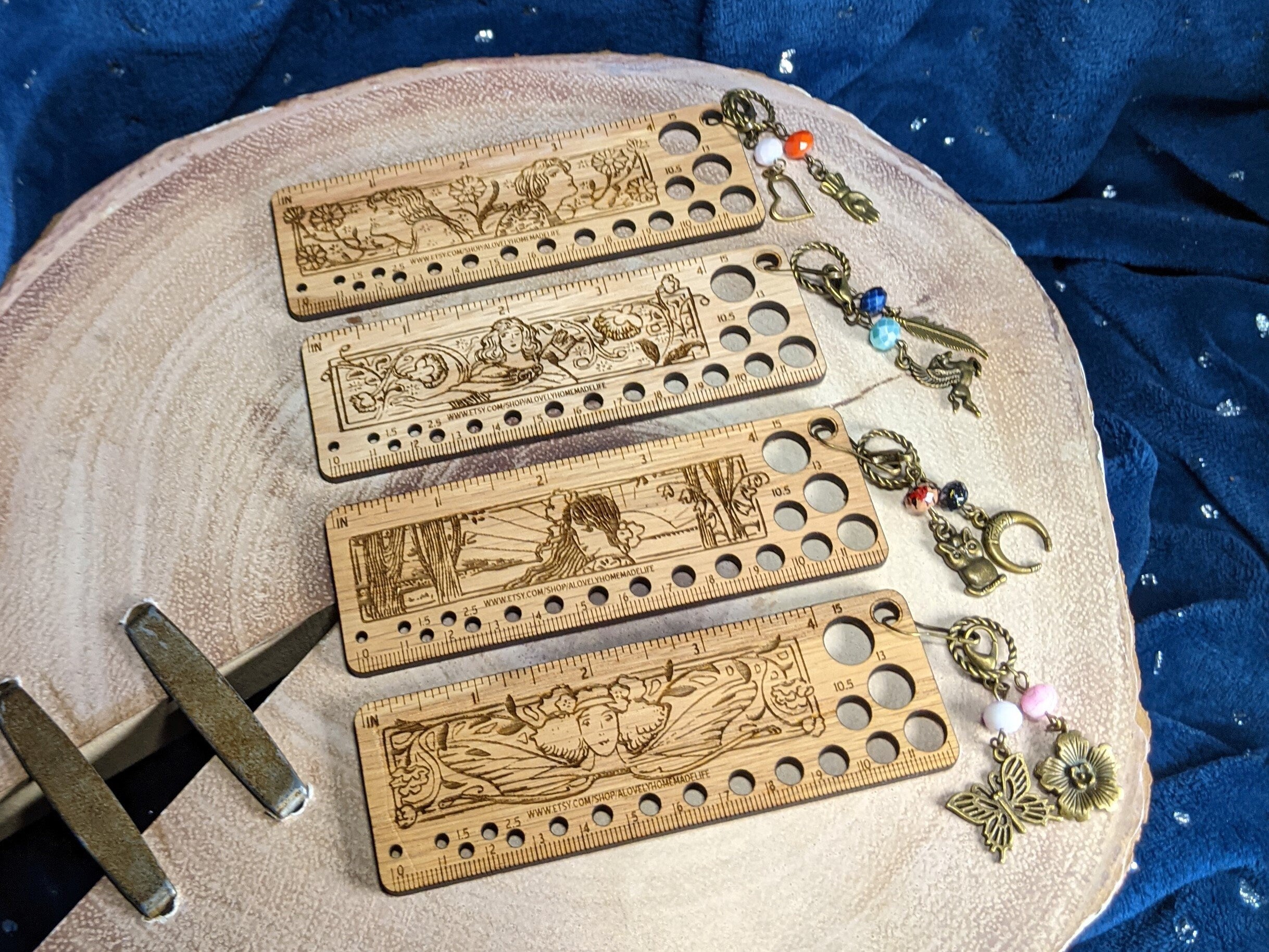 Art Deco Style Wooden Knitting Needle Gauge & Stitch Marker Combo - Several Styles to Choose From